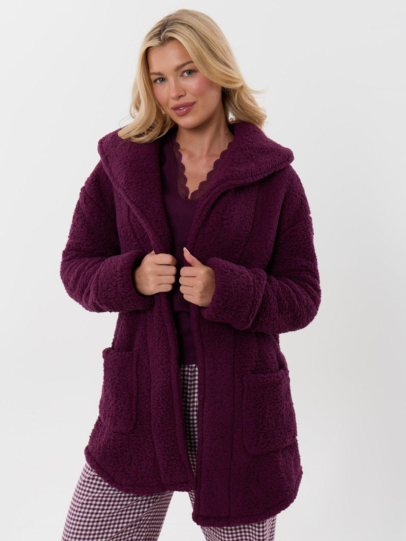 Image 6 of 6 of Threadbare Sherpa Fleece Open Dressing Gown In Plum