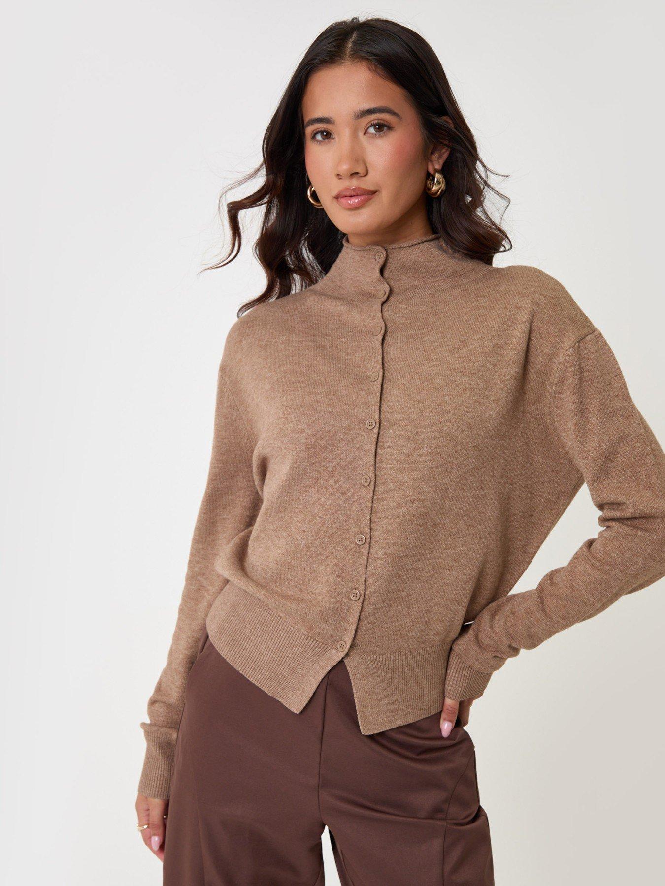 Image 1 of 5 of Threadbare Compact Knit Funnel Neck Cardigan In Beige