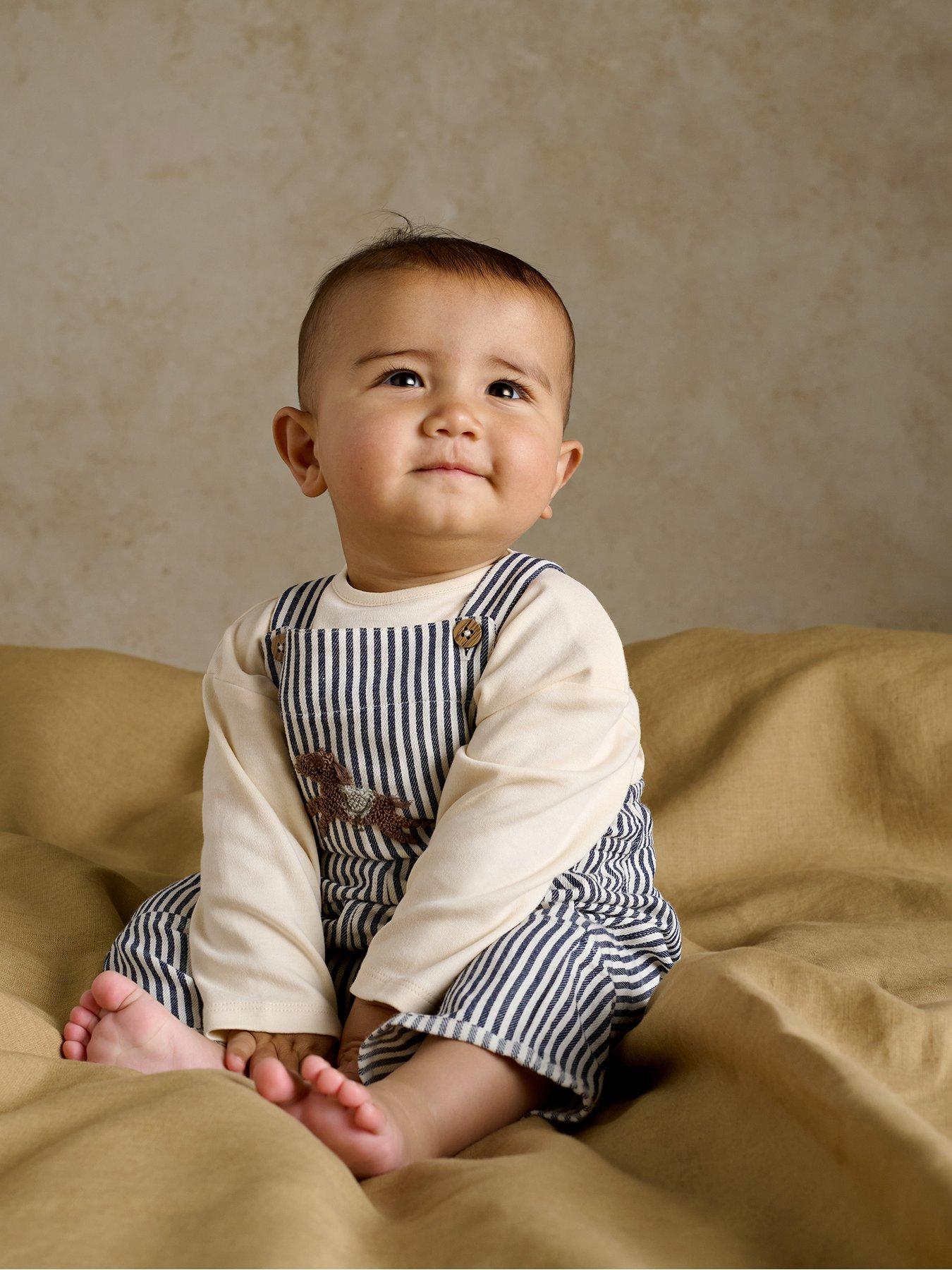 Mamas & Papas Baby Boys 2 Piece Stripe Dungarees  &  Long Sleeve Top Set - Blue