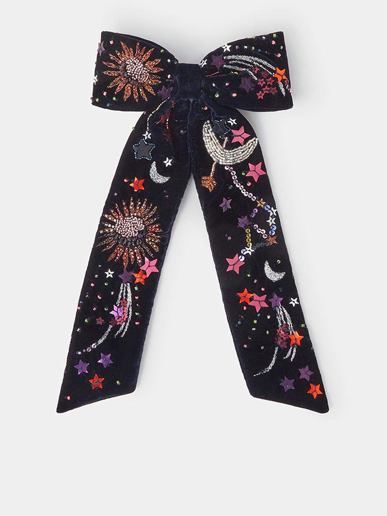 Image 1 of 3 of Accessorize Womens Celestial Beaded Velvet-Look Bow Hair Clip - Blue