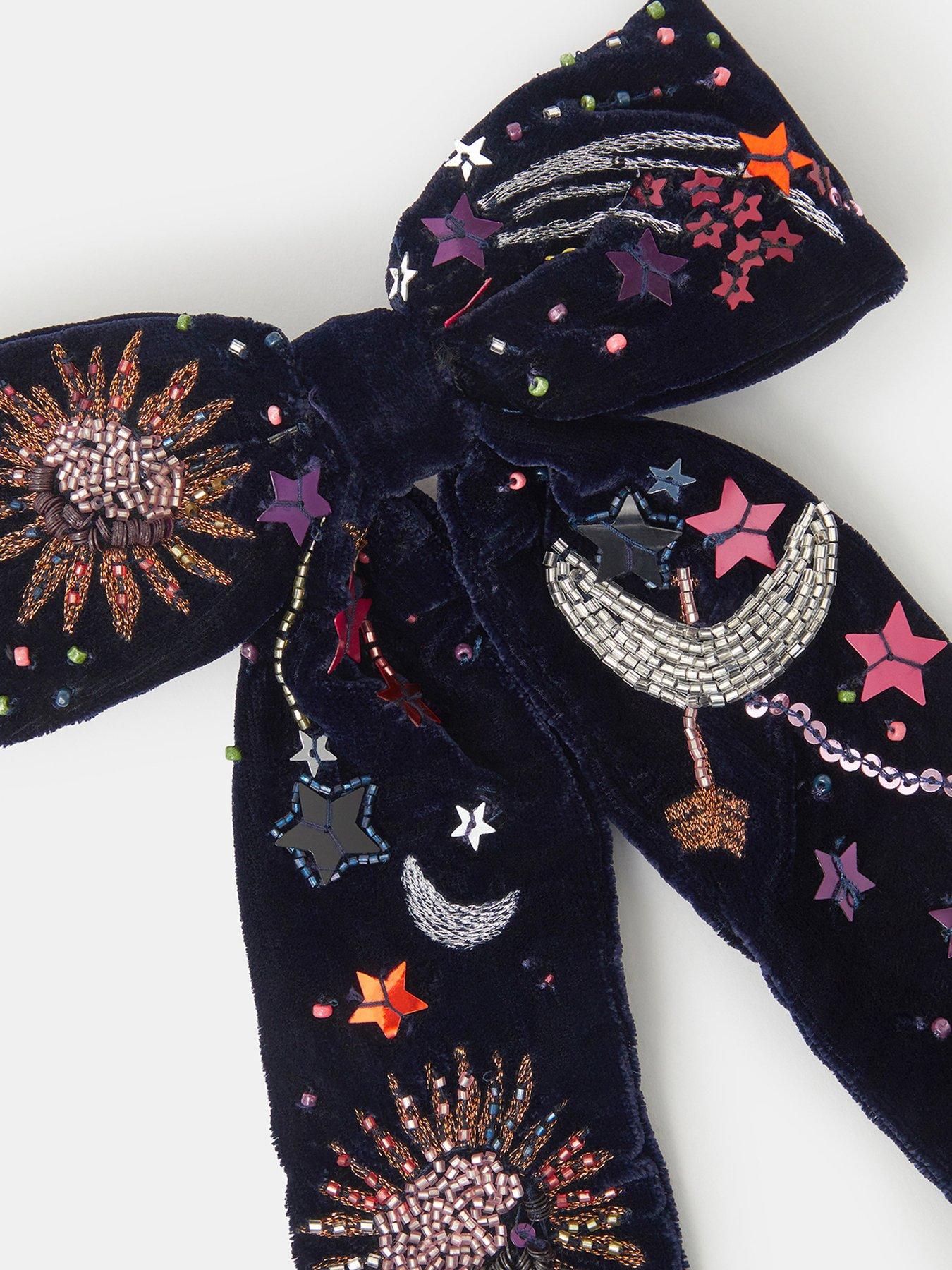 Image 3 of 3 of Accessorize Womens Celestial Beaded Velvet-Look Bow Hair Clip - Blue