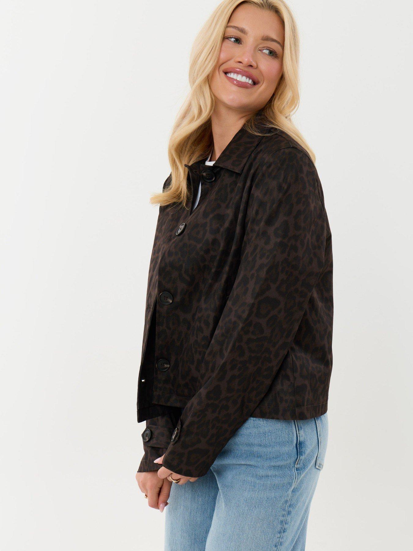 Image 1 of 4 of Threadbare Cropped Collared Trench Coat In Leopard Print