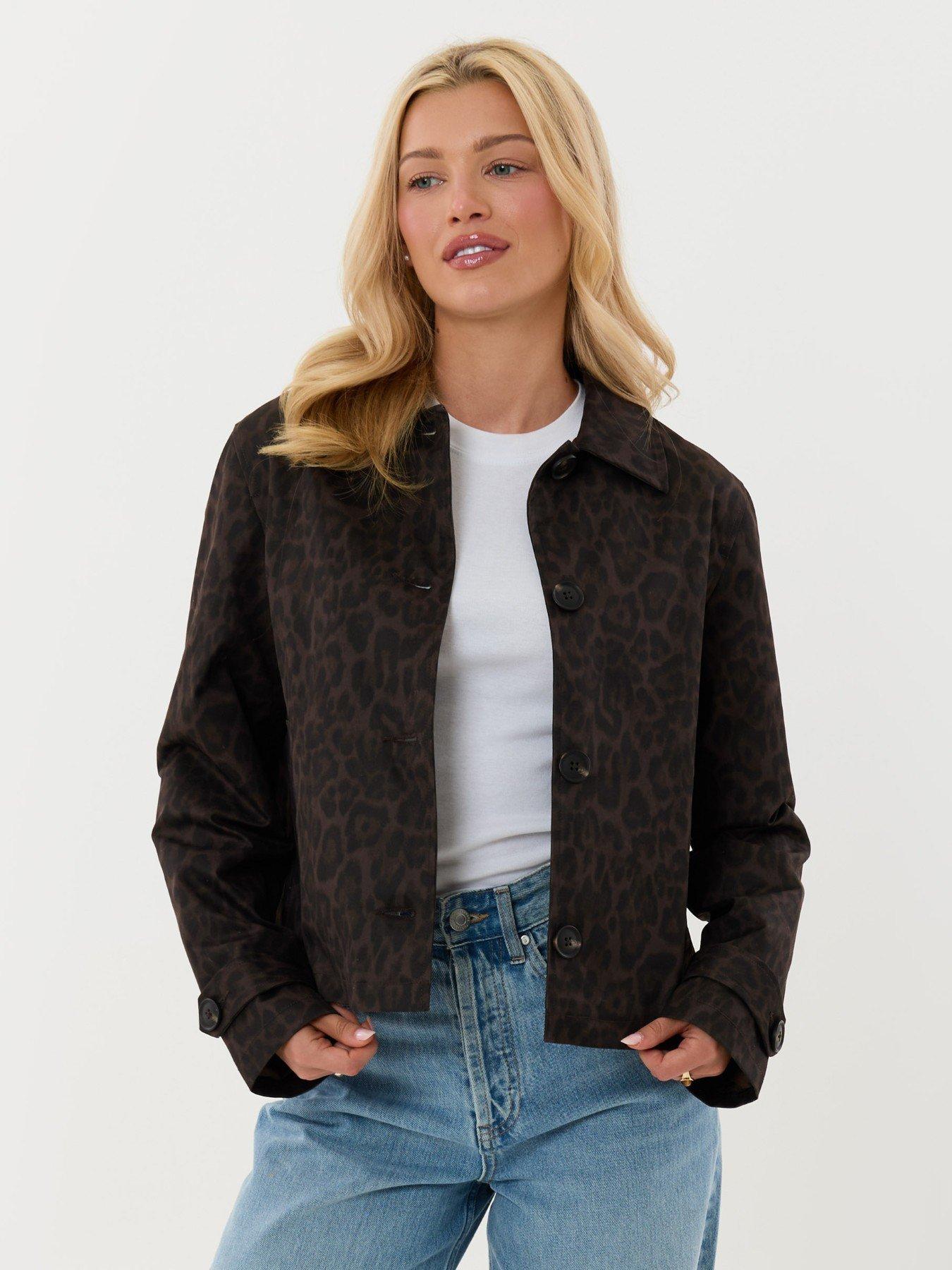 Image 2 of 4 of Threadbare Cropped Collared Trench Coat In Leopard Print
