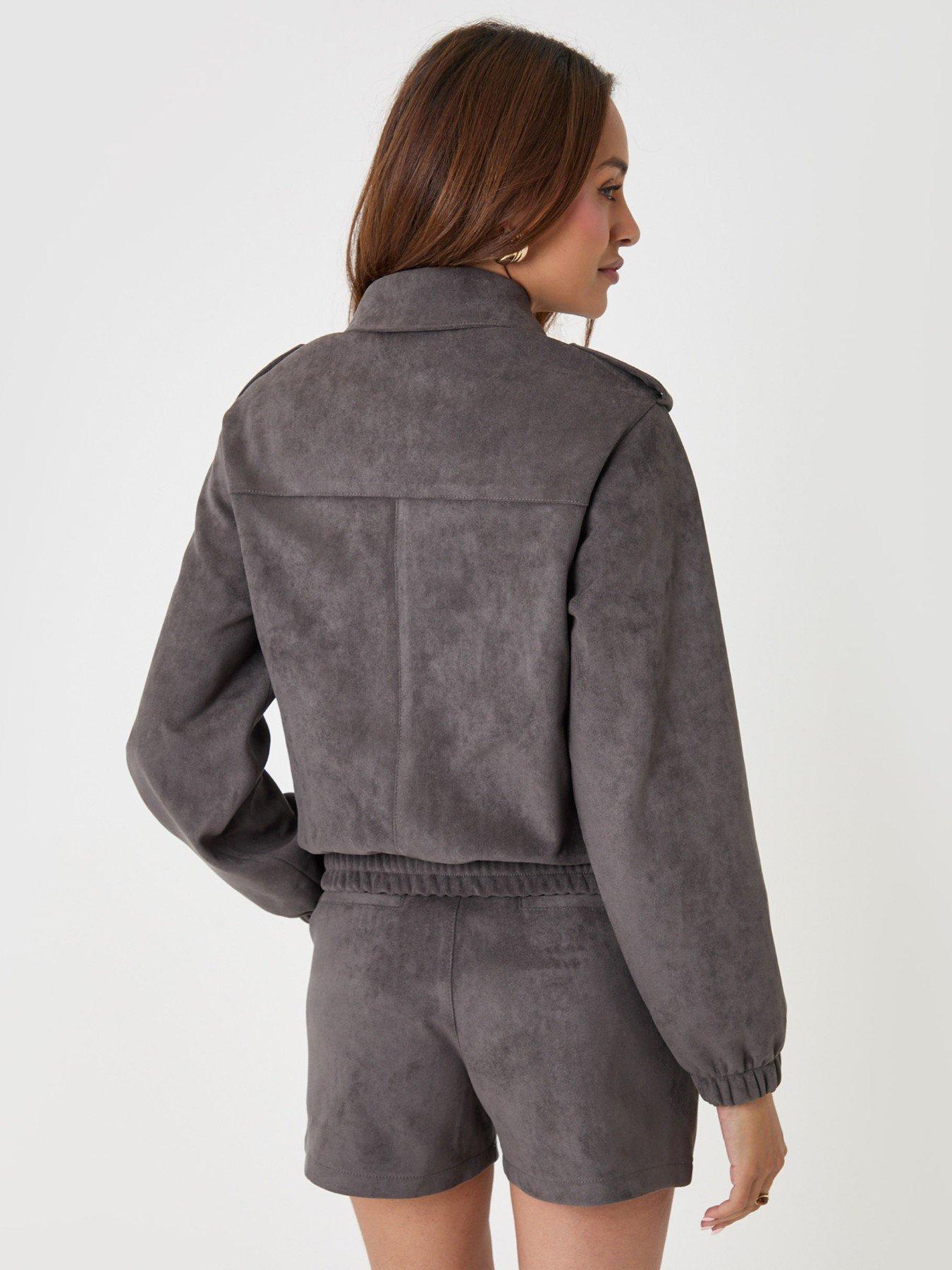 Image 2 of 4 of Threadbare Faux Suede Collared Bomber Jacket In Charcoal Grey