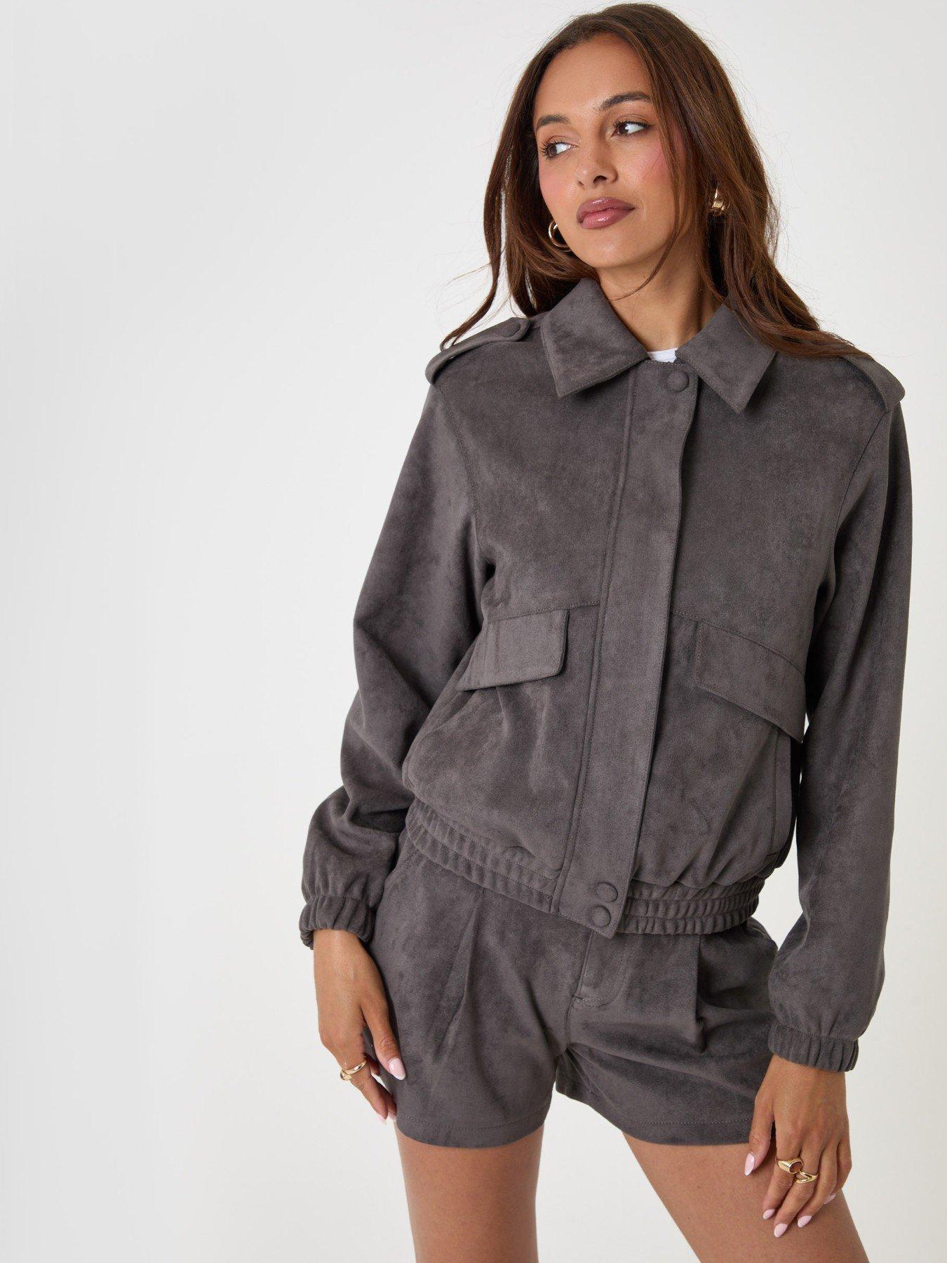 Image 4 of 4 of Threadbare Faux Suede Collared Bomber Jacket In Charcoal Grey