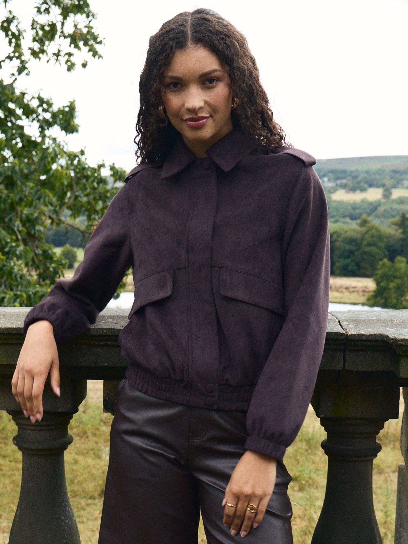 Image 1 of 4 of Threadbare Womens Collared Popper Front Faux Suede Bomber Jacket - Brown