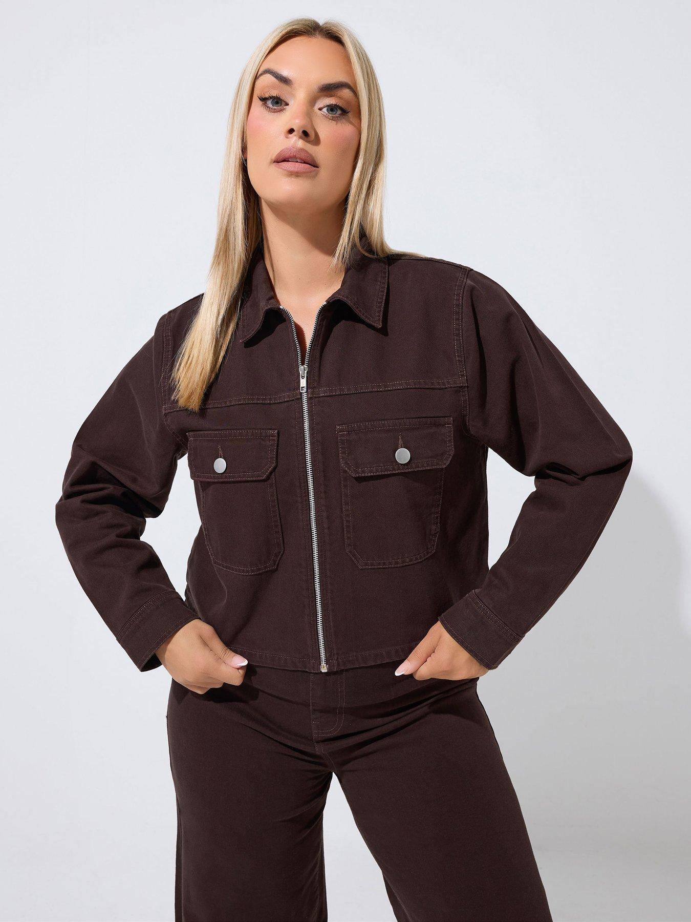 Image 4 of 4 of Yours Curve Pocket Denim Jacket - Brown