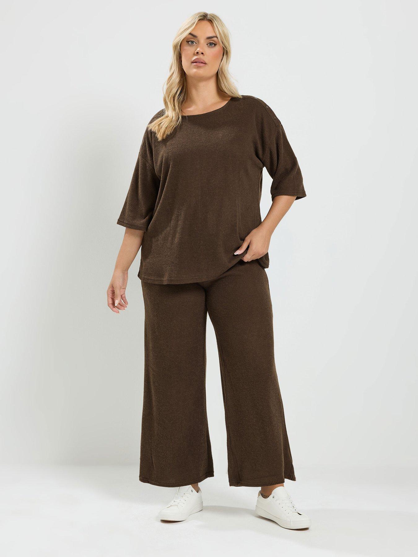 Yours Curve Ribbed Top and Trouser Set - Brown