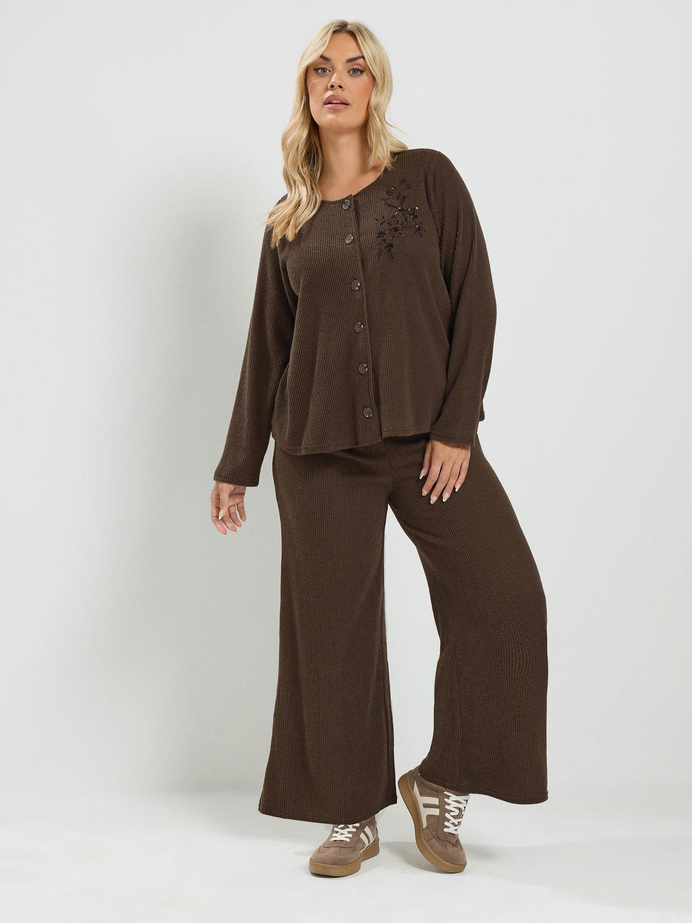 Image 1 of 4 of Yours Curve Soft Touch Embroidered Cardigan Set - Brown