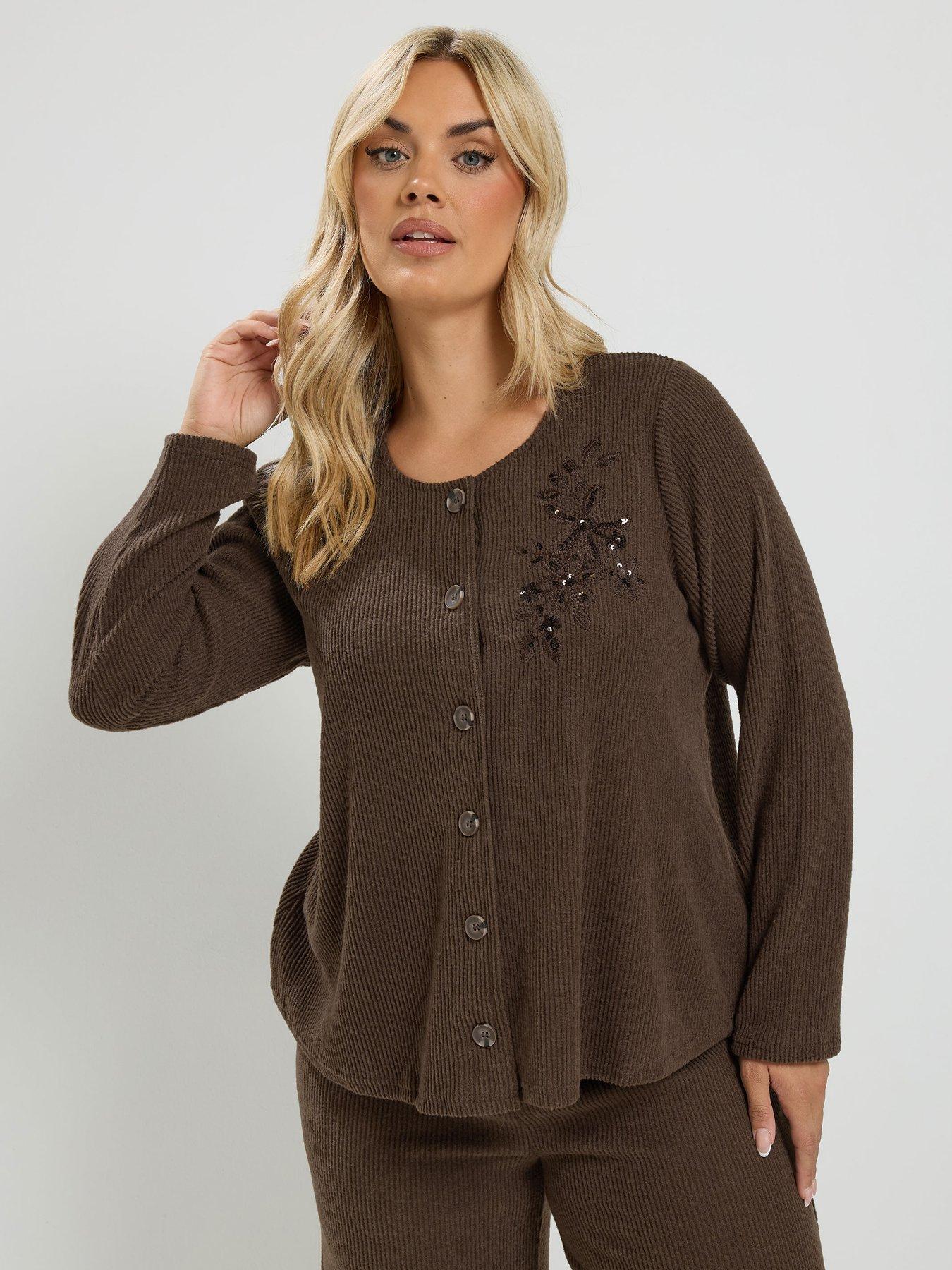 Image 3 of 4 of Yours Curve Soft Touch Embroidered Cardigan Set - Brown