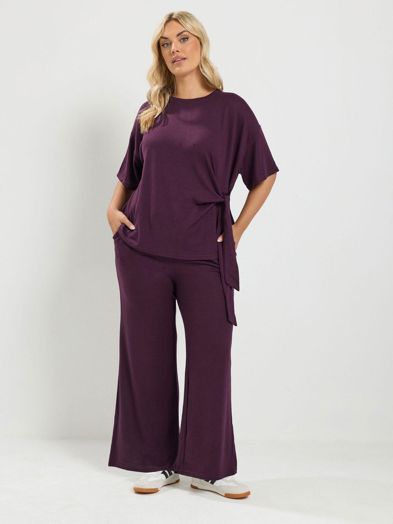 Yours Curve Tie Waist Top and Trouser Set - Purple
