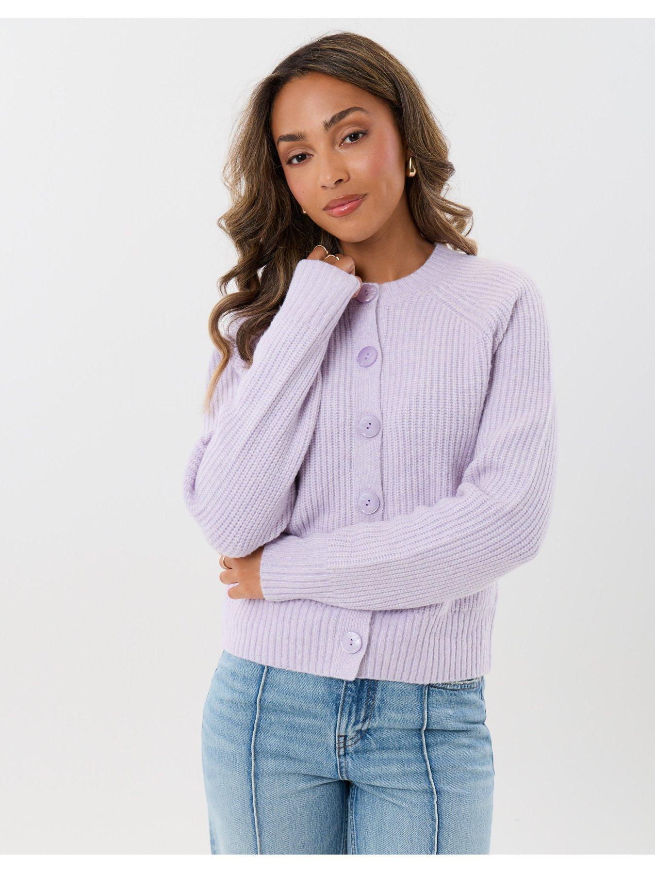 Image 1 of 4 of Threadbare Womens Chunky Ribbed Button-Through Cardigan - Purple