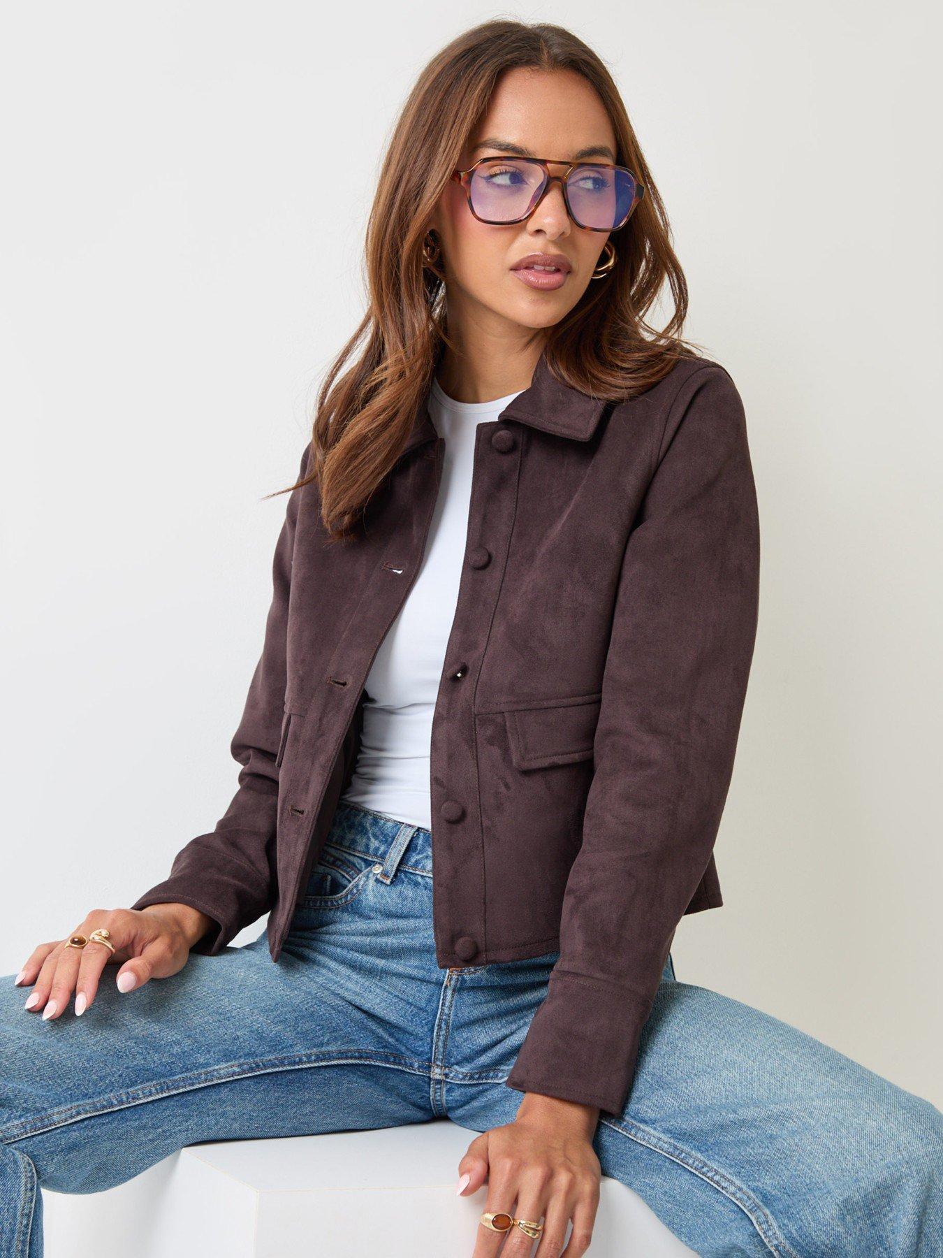 Image 1 of 6 of Threadbare Faux Suede Collared Jacket In Chocolate Brown