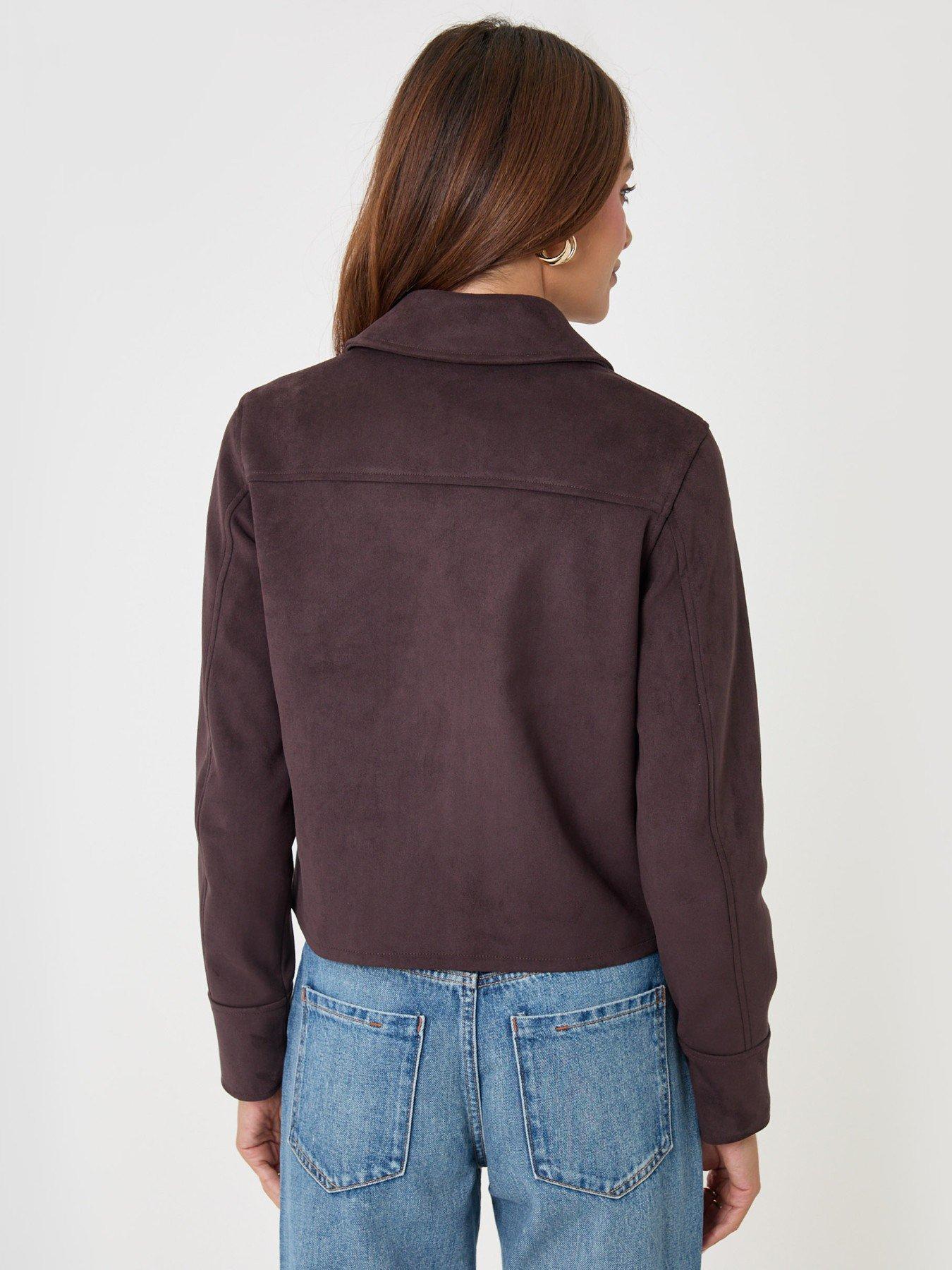 Image 2 of 6 of Threadbare Faux Suede Collared Jacket In Chocolate Brown