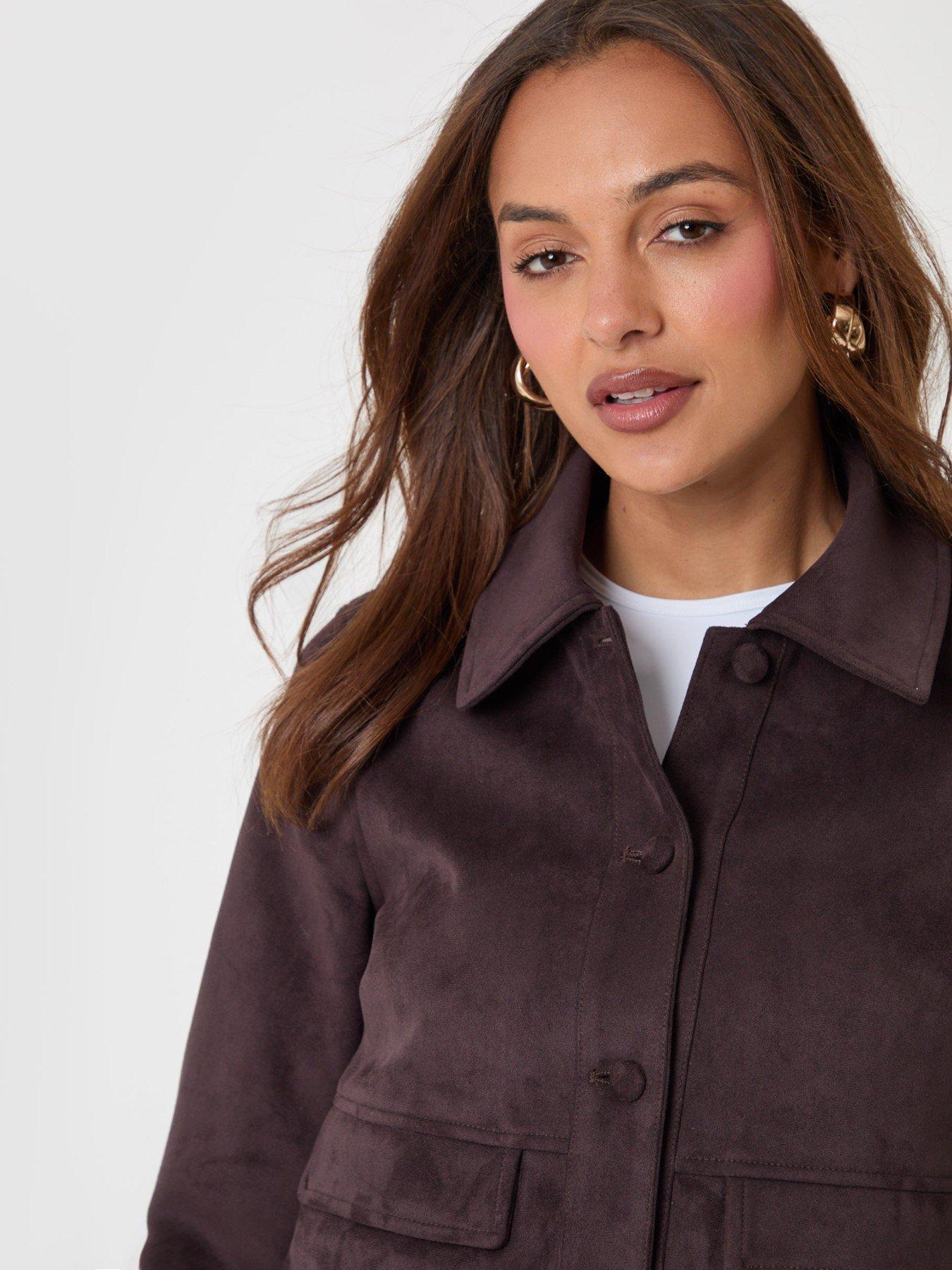 Image 3 of 6 of Threadbare Faux Suede Collared Jacket In Chocolate Brown