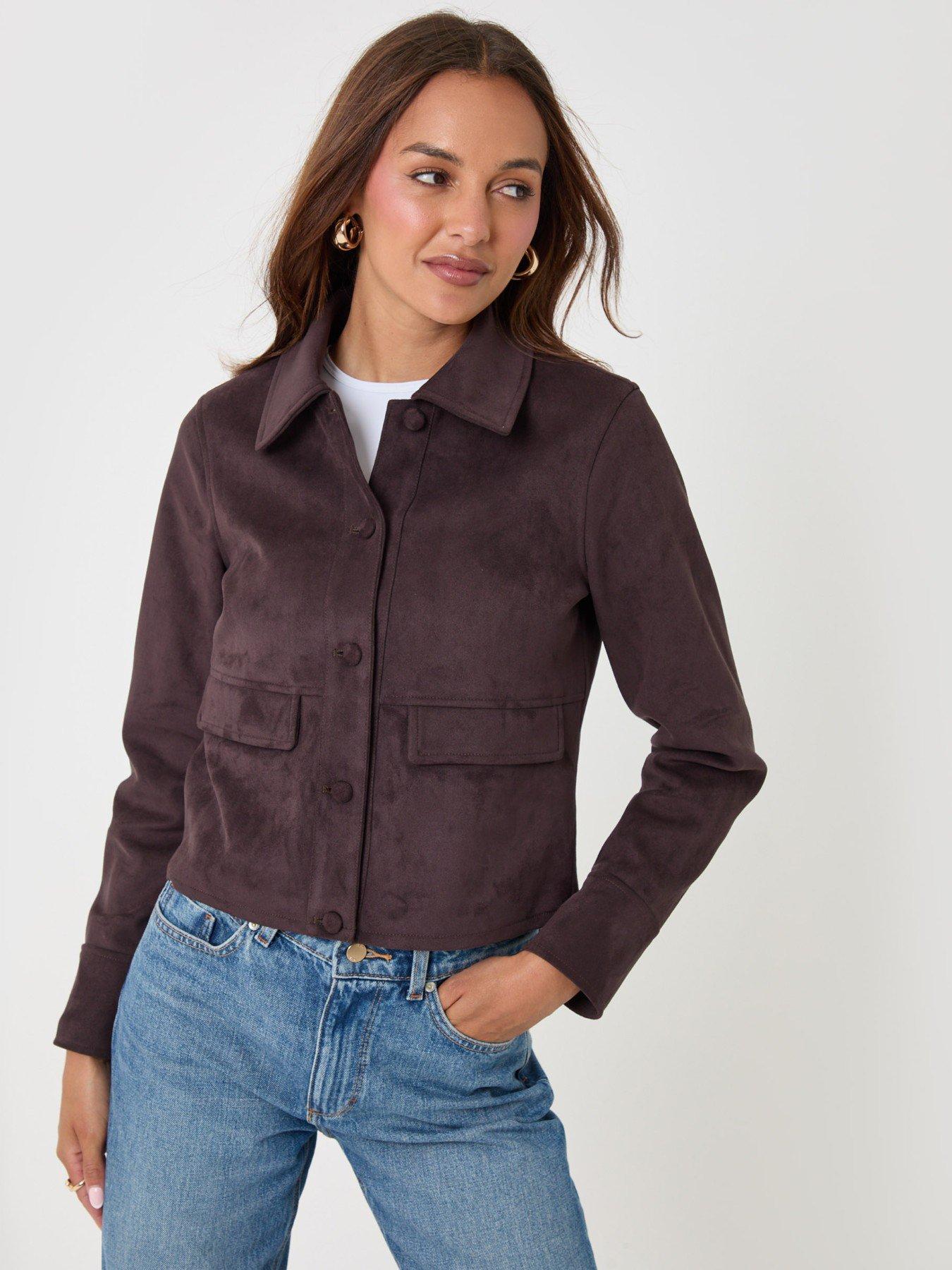 Image 4 of 6 of Threadbare Faux Suede Collared Jacket In Chocolate Brown