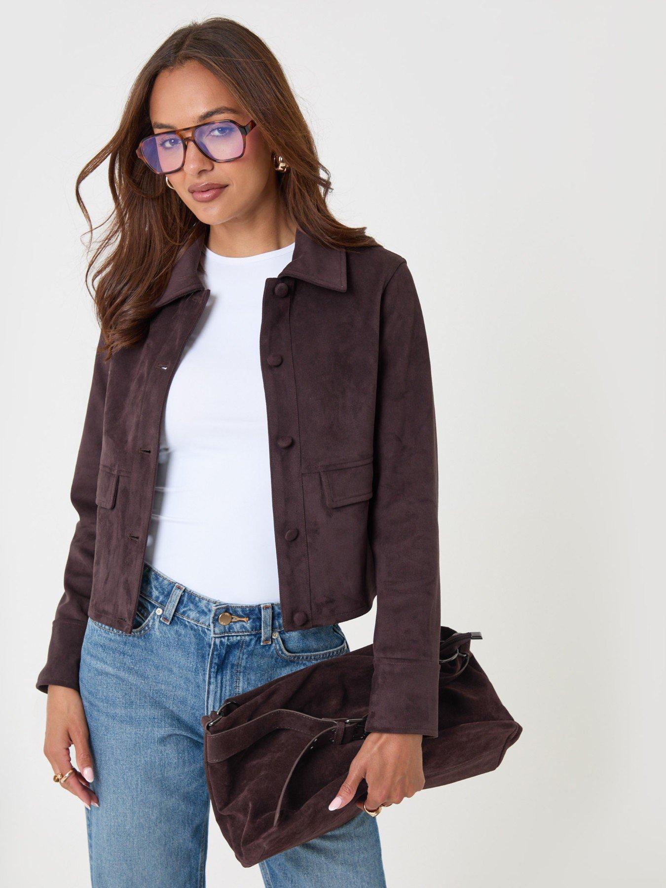 Image 5 of 6 of Threadbare Faux Suede Collared Jacket In Chocolate Brown