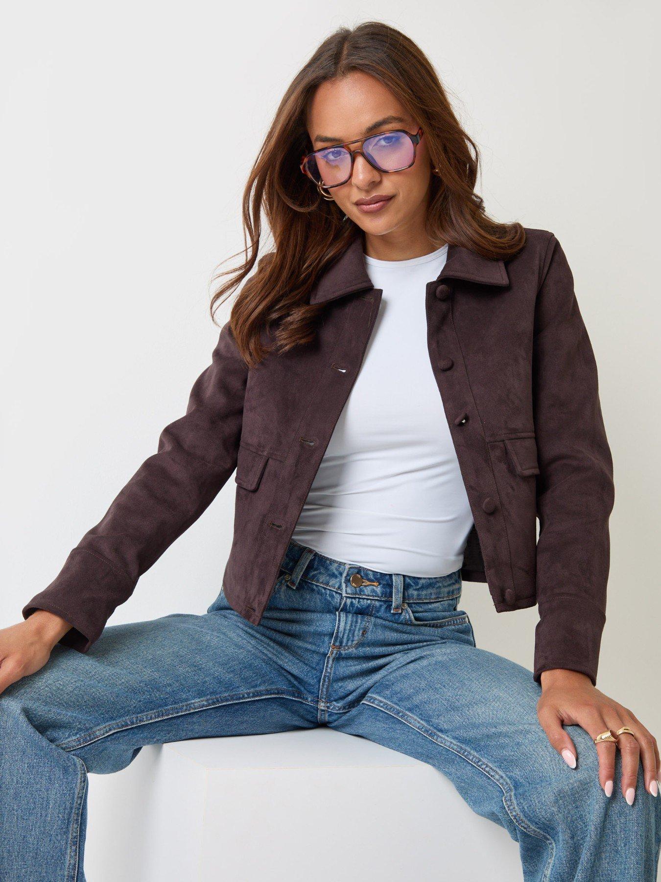 Image 6 of 6 of Threadbare Faux Suede Collared Jacket In Chocolate Brown