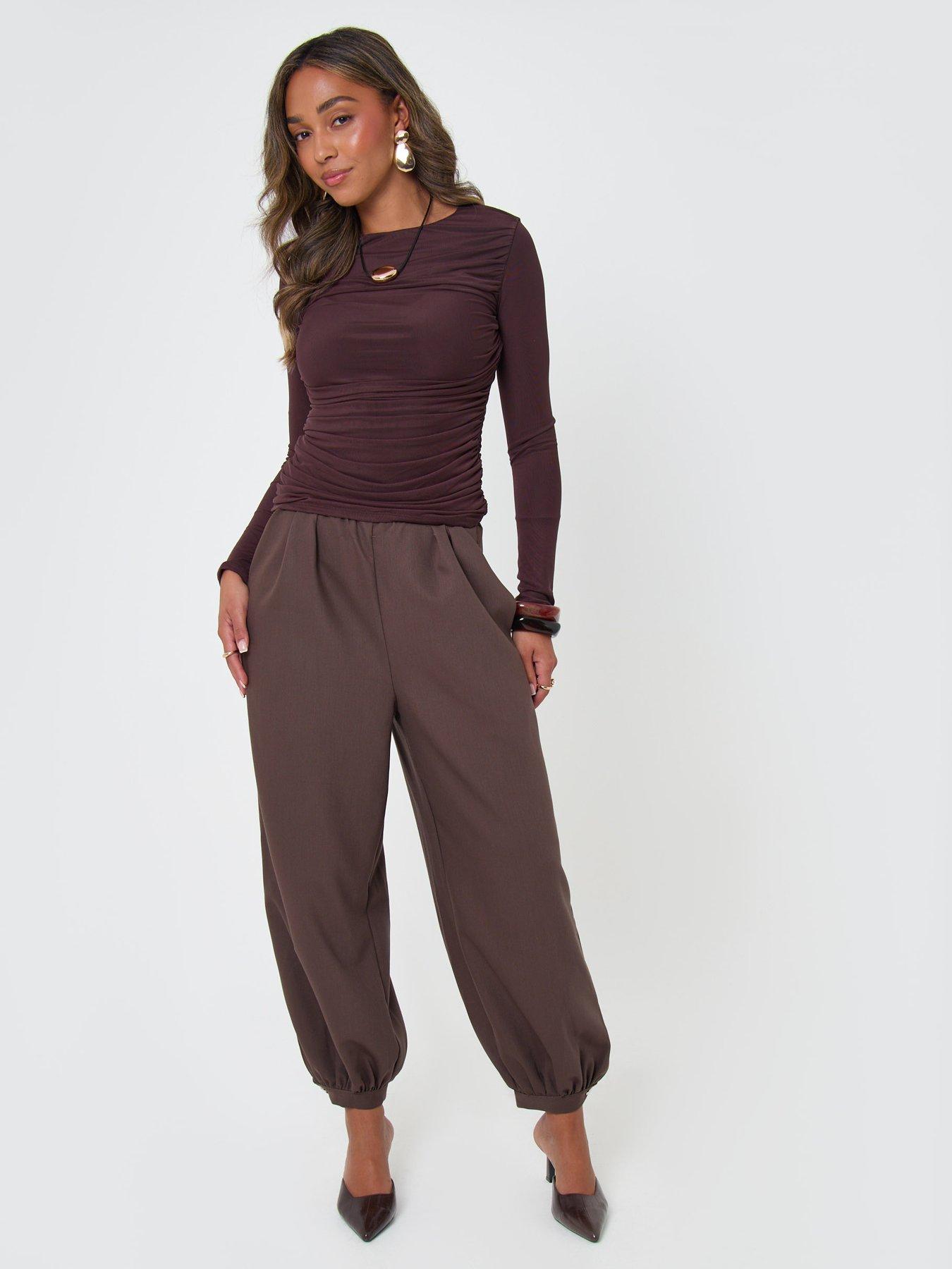 Image 3 of 4 of Threadbare Womens Balloon Trousers With Button Cuffs - Brown