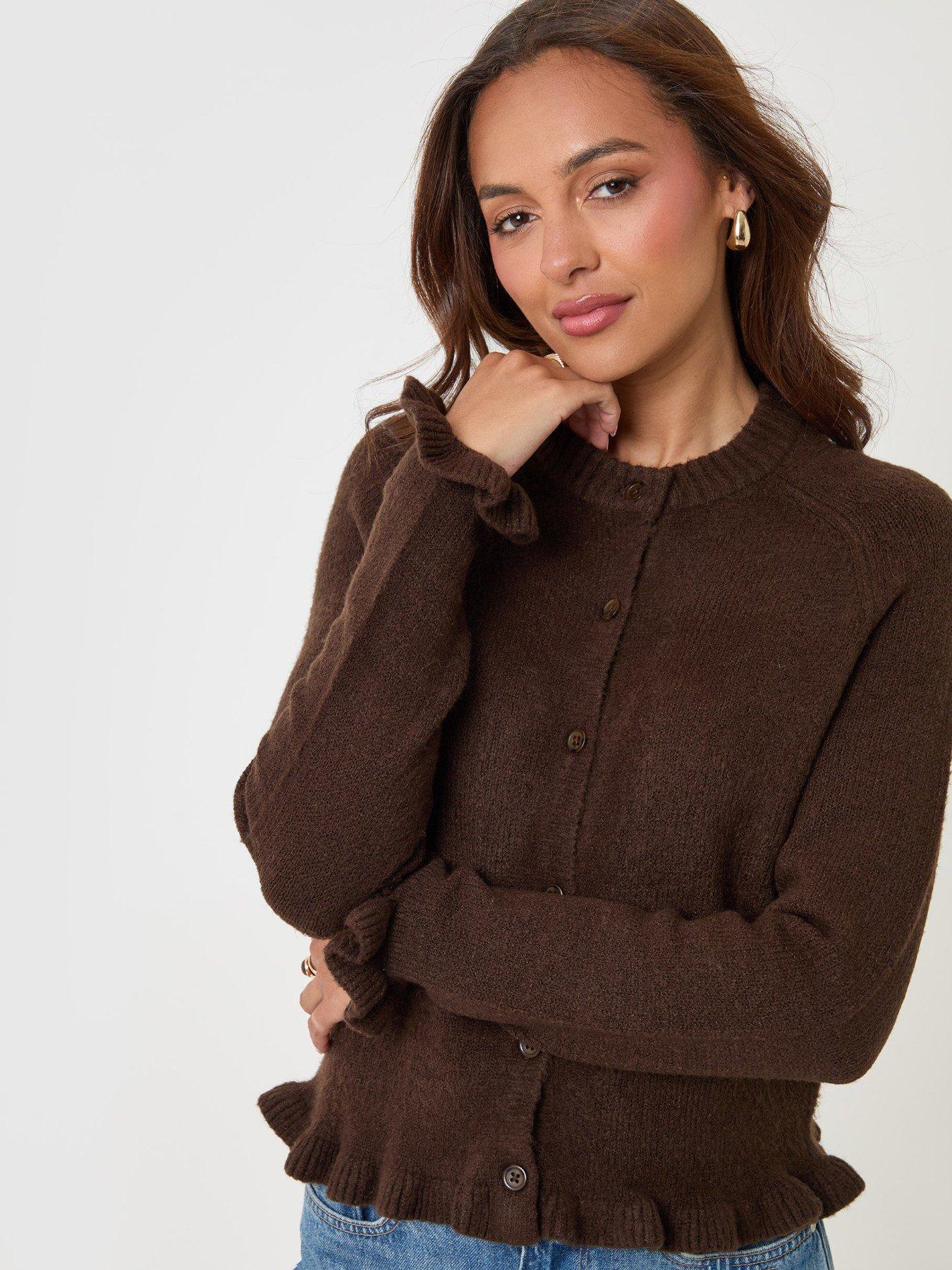 Image 1 of 4 of Threadbare Crew Neck Ruffle Cardigan In Chocolate Brown