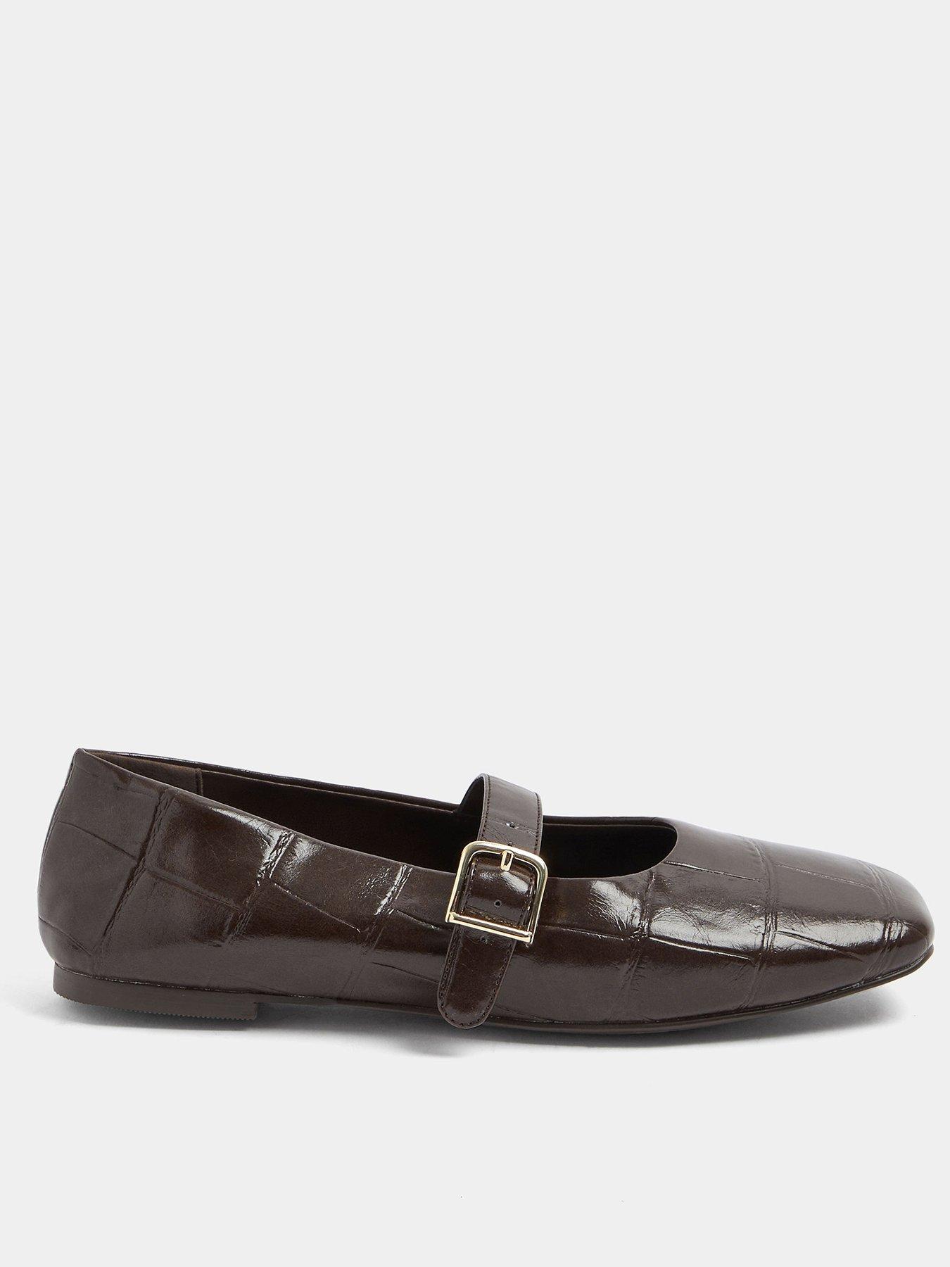 Yours Curve Extra Wide Fit Croc Buckle Detail Mary Jane Flats - Brown