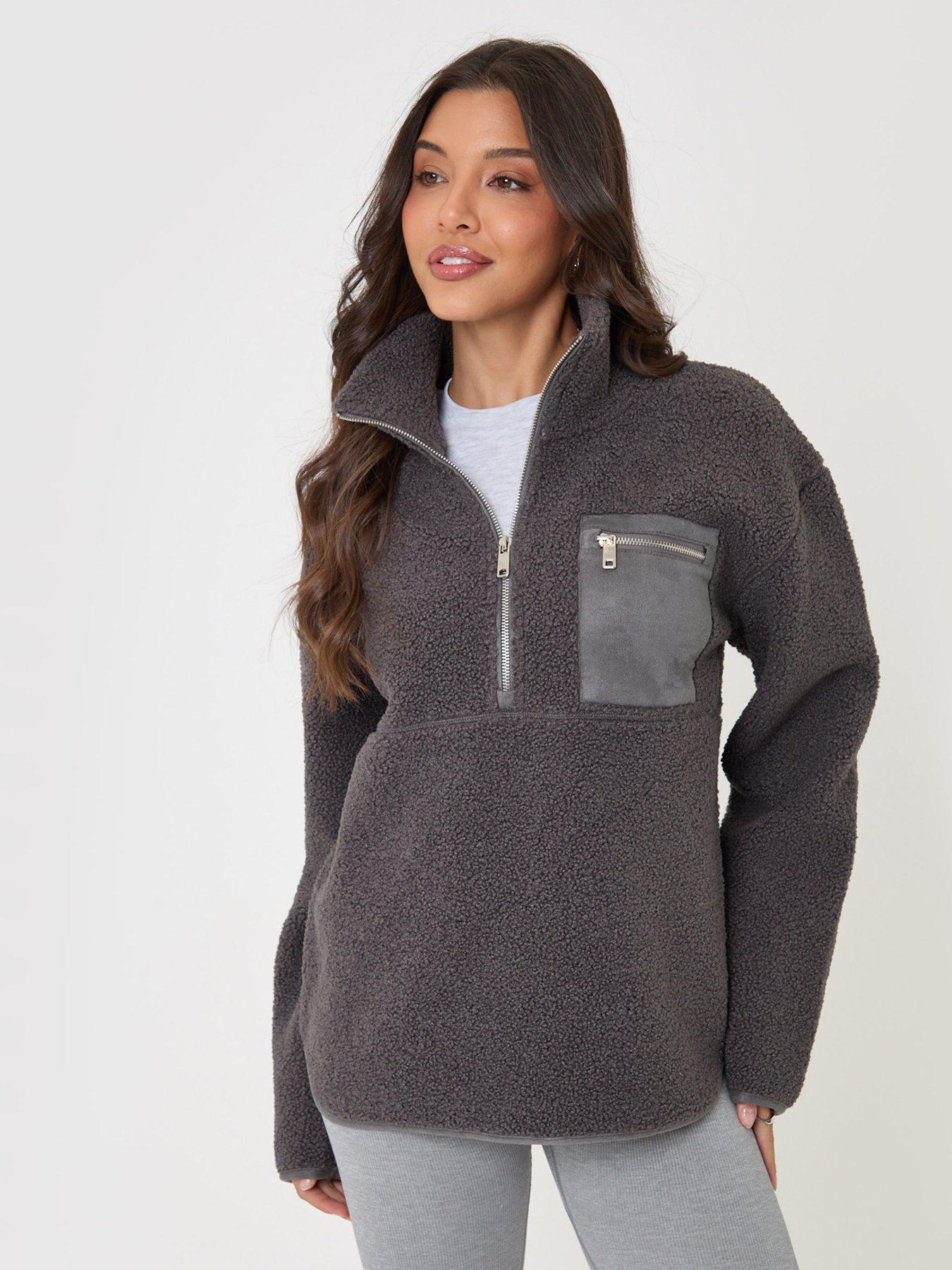 Image 1 of 7 of Threadbare Womens Half-Zip Borg Fleece High Collar Zip Pocket - Grey
