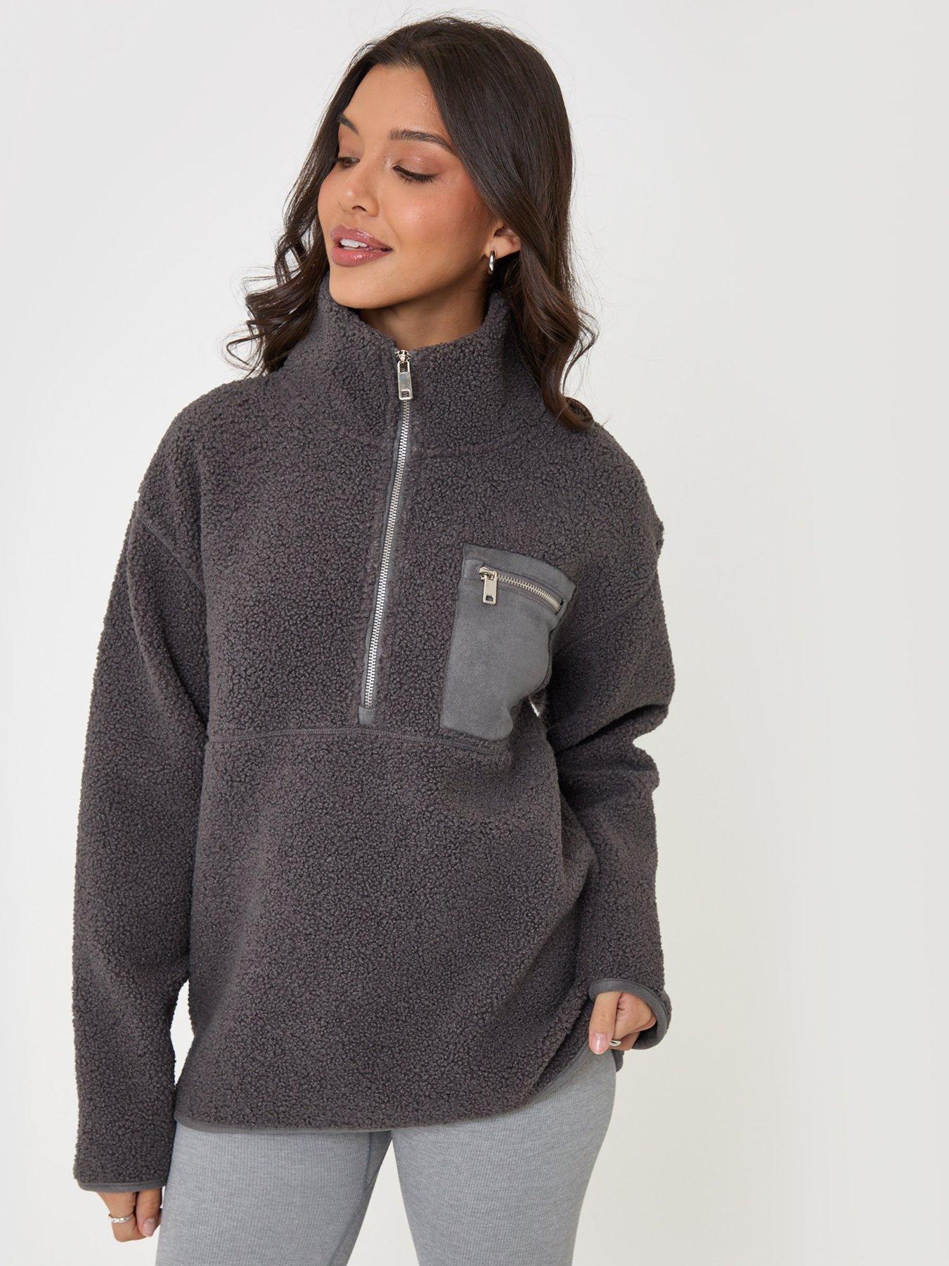 Image 6 of 7 of Threadbare Womens Half-Zip Borg Fleece High Collar Zip Pocket - Grey