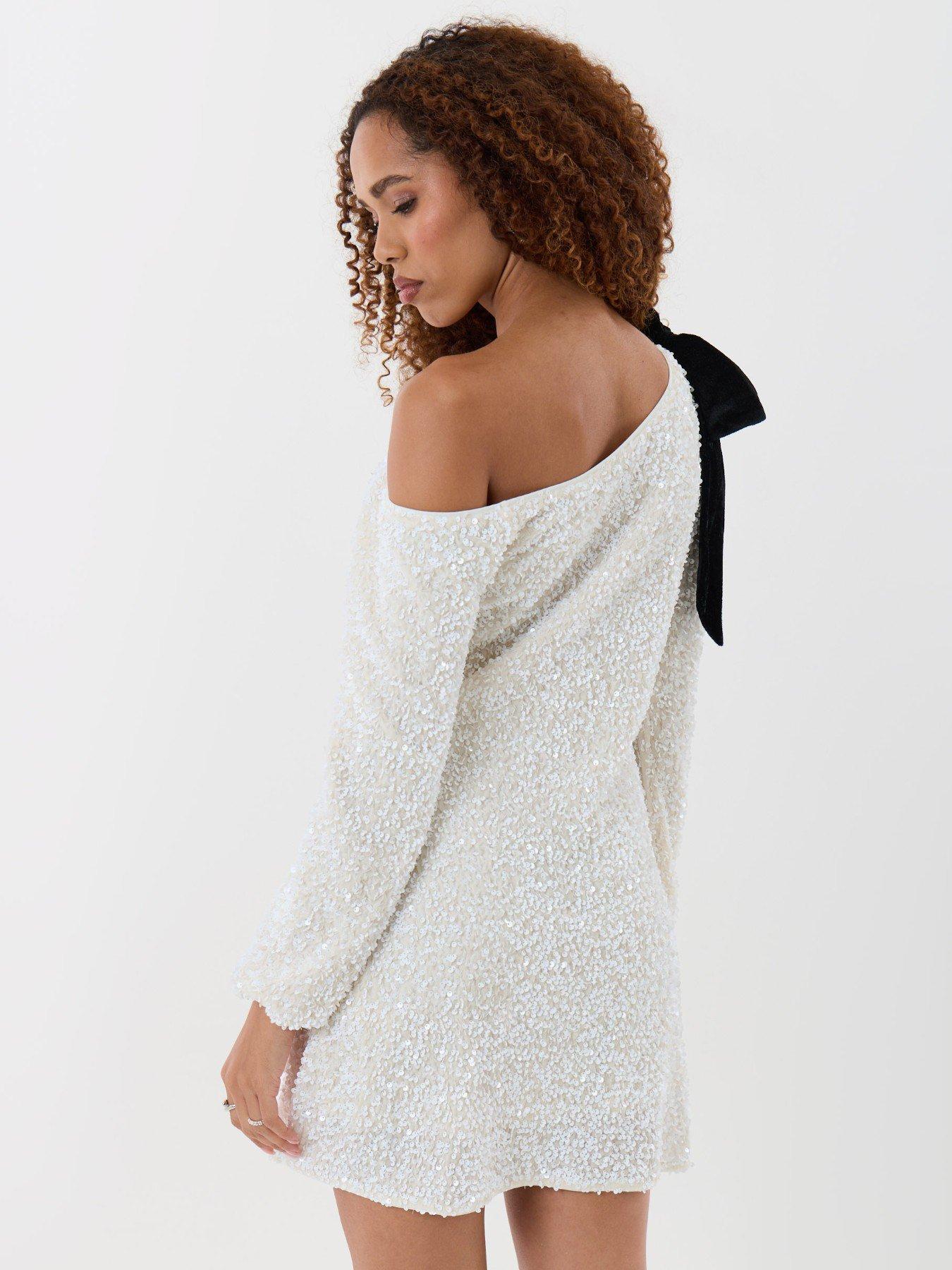 Image 2 of 5 of Threadbare Womens Slash Neck Bow Detail Sequin Dress - White