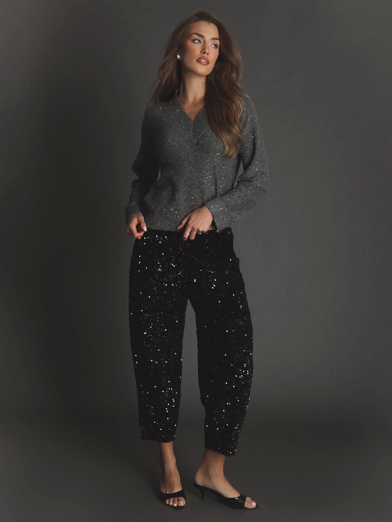 Image 1 of 4 of Threadbare Sequin High Waisted Trousers In Black