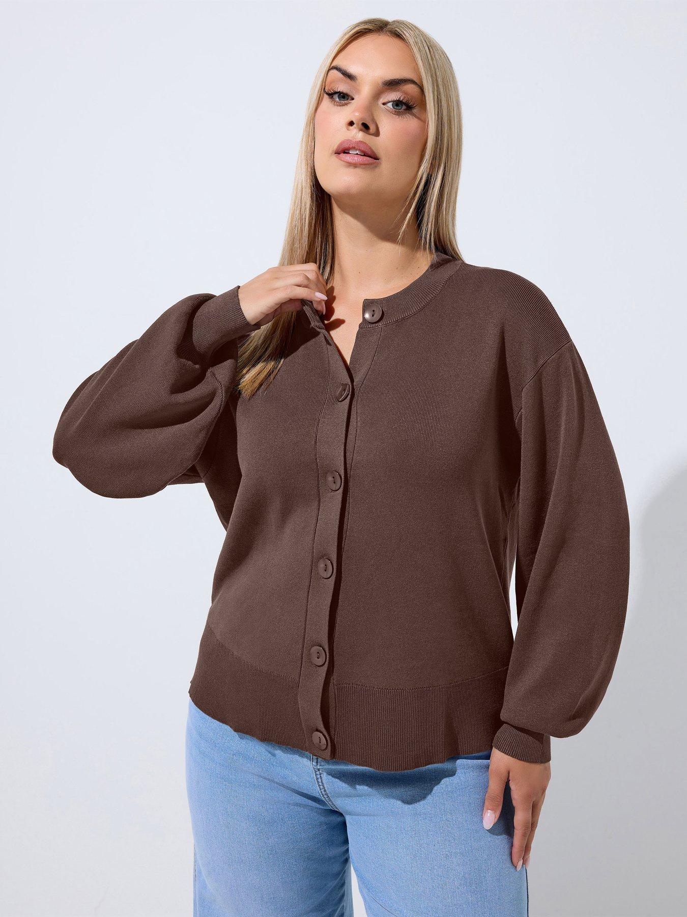 Image 1 of 4 of Yours Curve Balloon Sleeve Cardigan - Brown