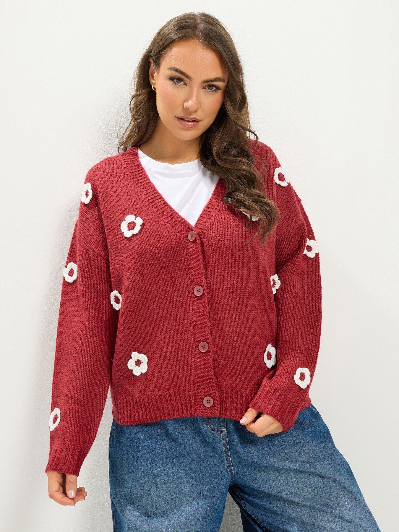 Yours Curve Applique Floral Cardigan - Red