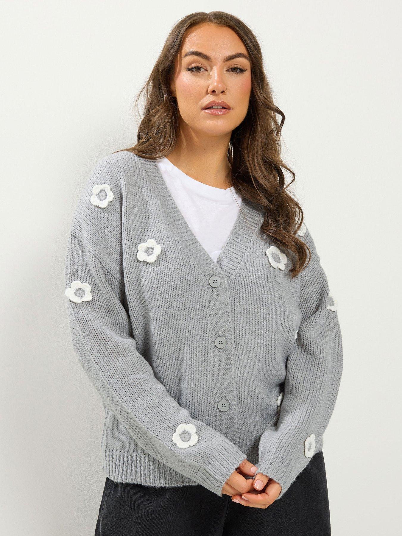 Yours Curve Applique Floral Cardigan Grey