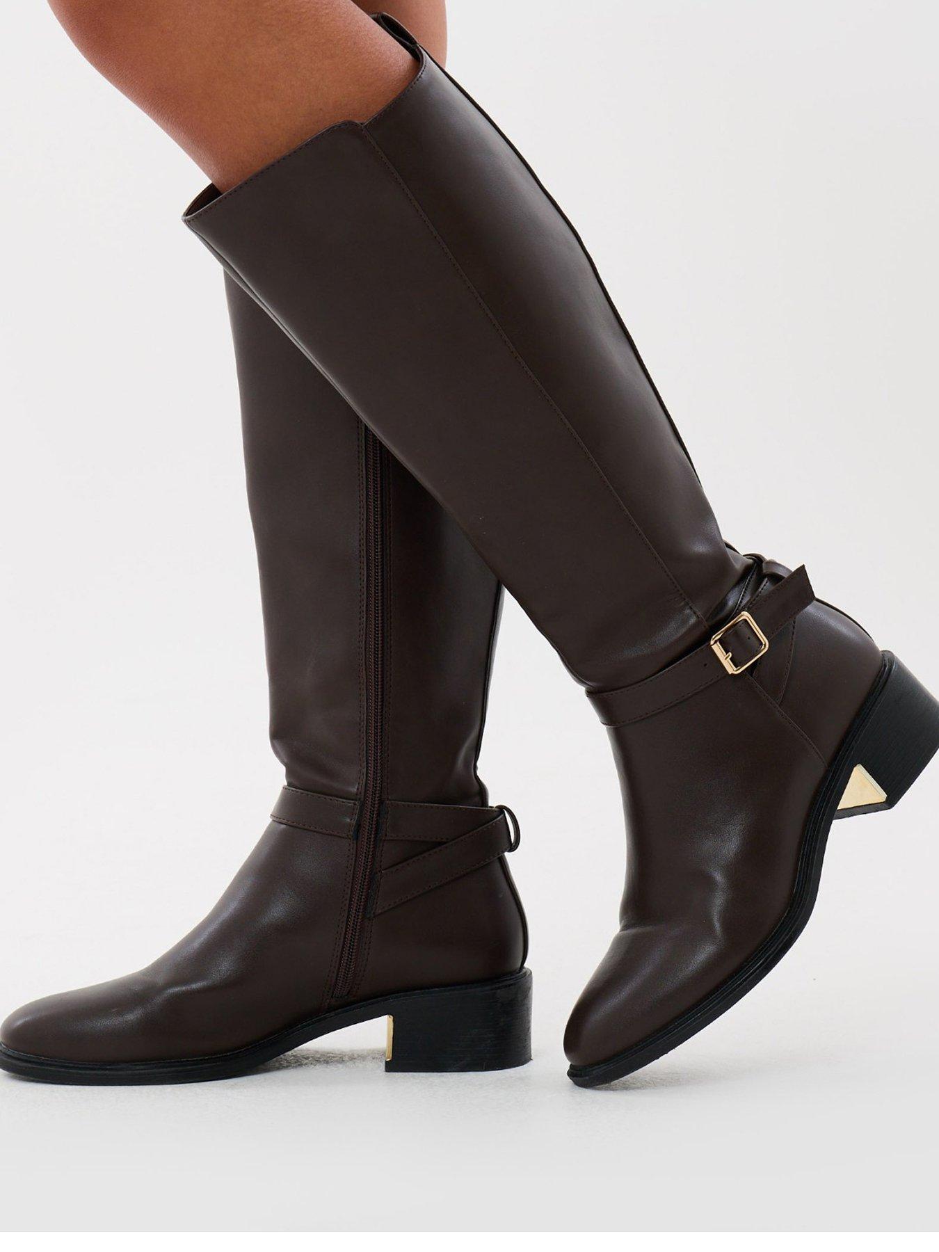 Image 1 of 5 of Threadbare Faux Leather Riding Boots In Chocolate Brown