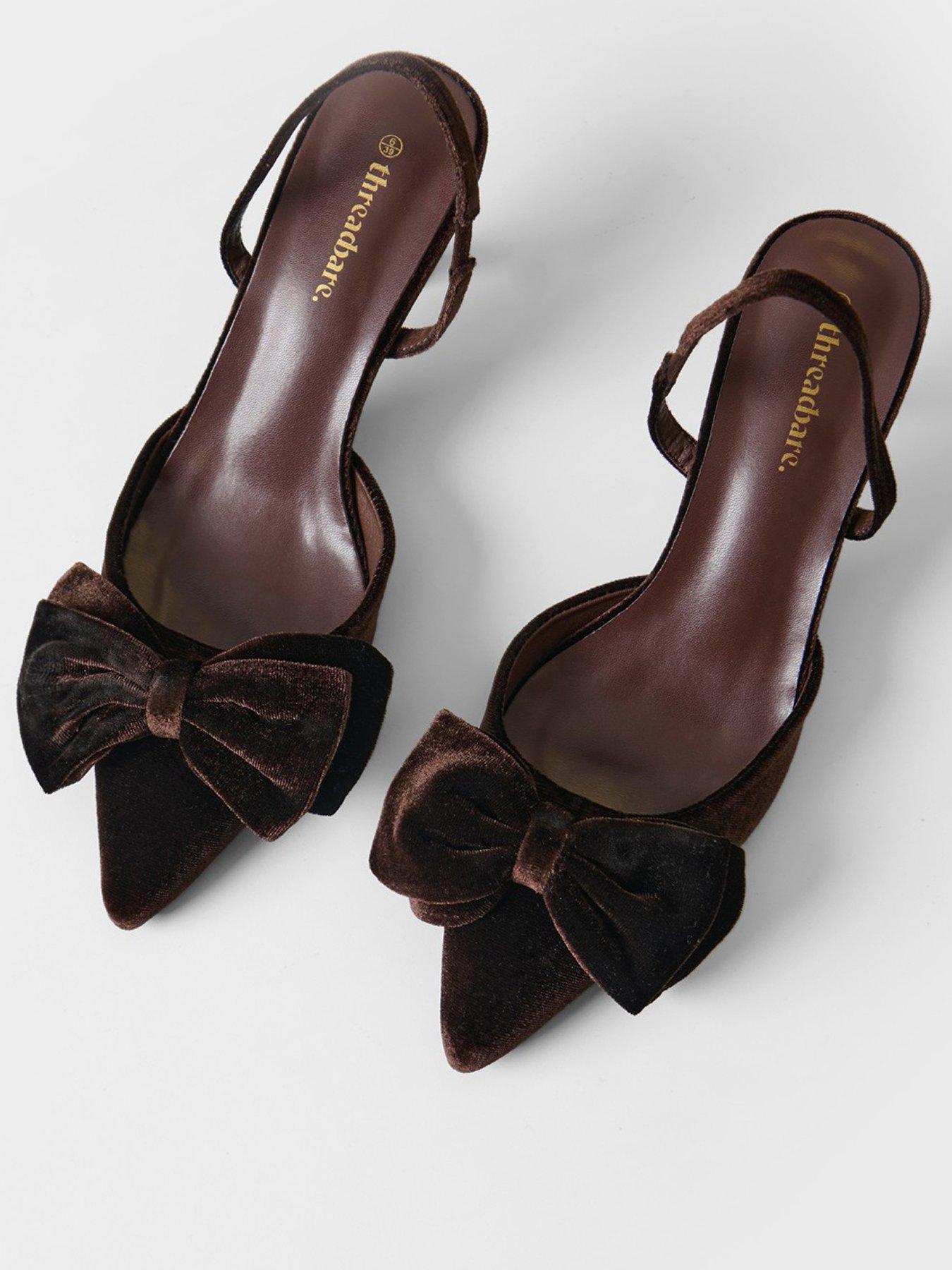 Image 2 of 6 of Threadbare Velvet Bow Kitten Heels In Chocolate Brown