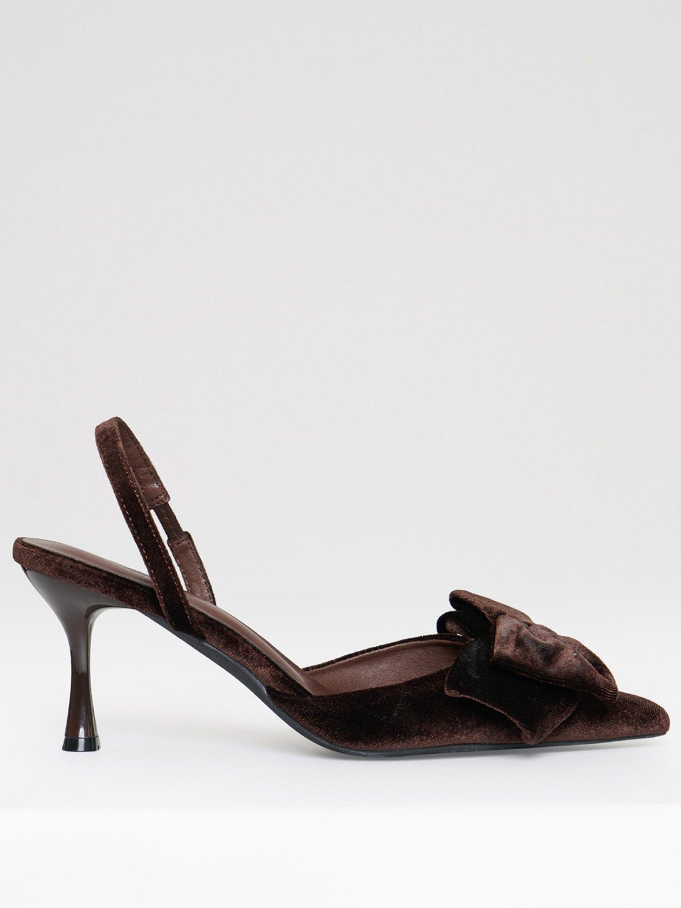 Image 3 of 6 of Threadbare Velvet Bow Kitten Heels In Chocolate Brown