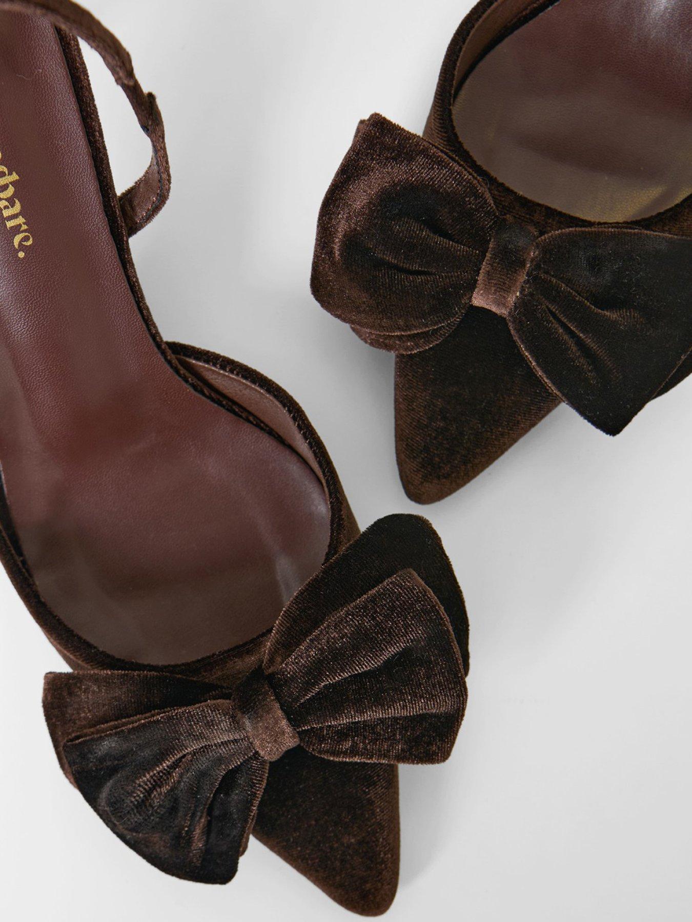 Image 4 of 6 of Threadbare Velvet Bow Kitten Heels In Chocolate Brown