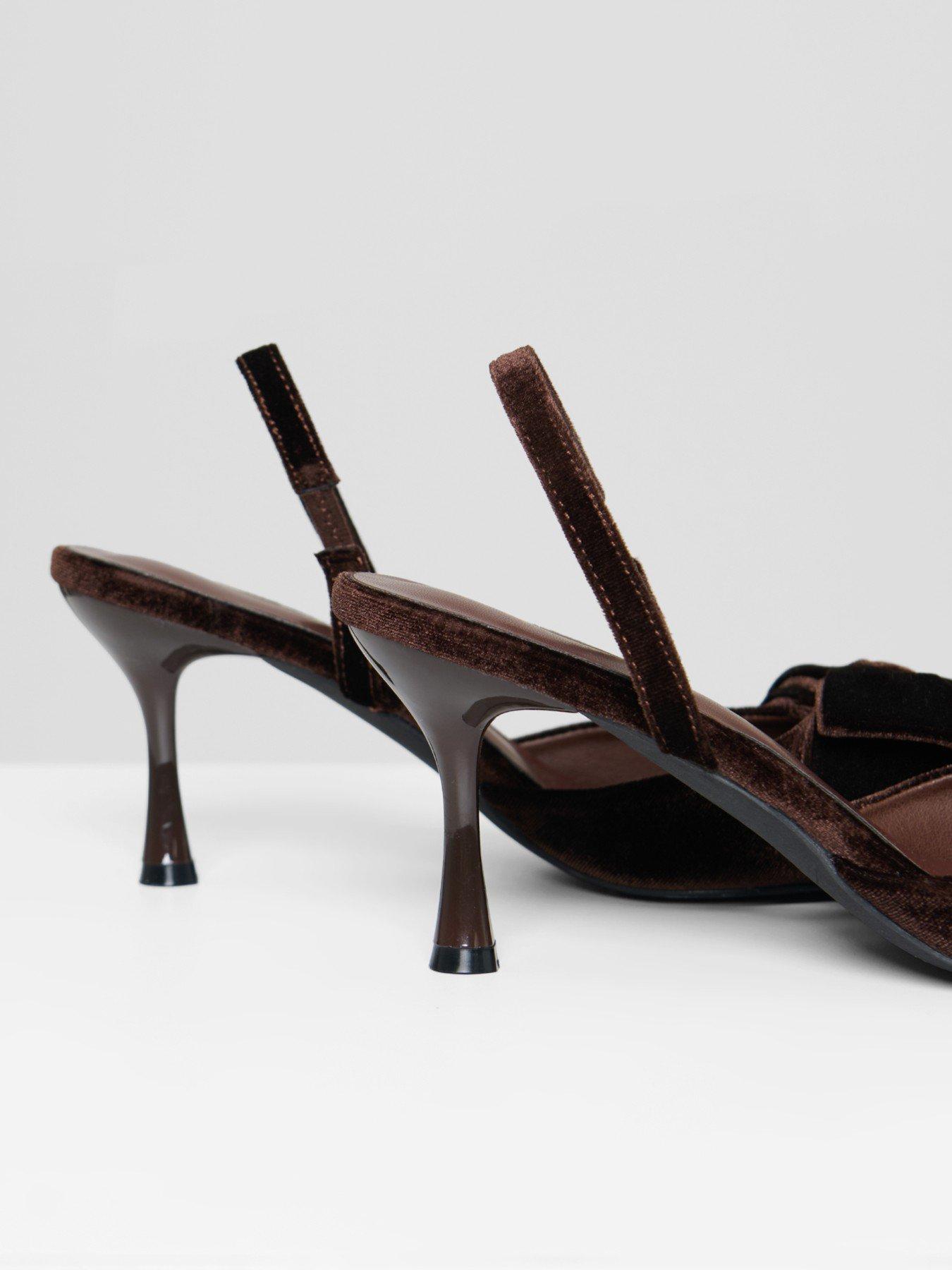 Image 5 of 6 of Threadbare Velvet Bow Kitten Heels In Chocolate Brown