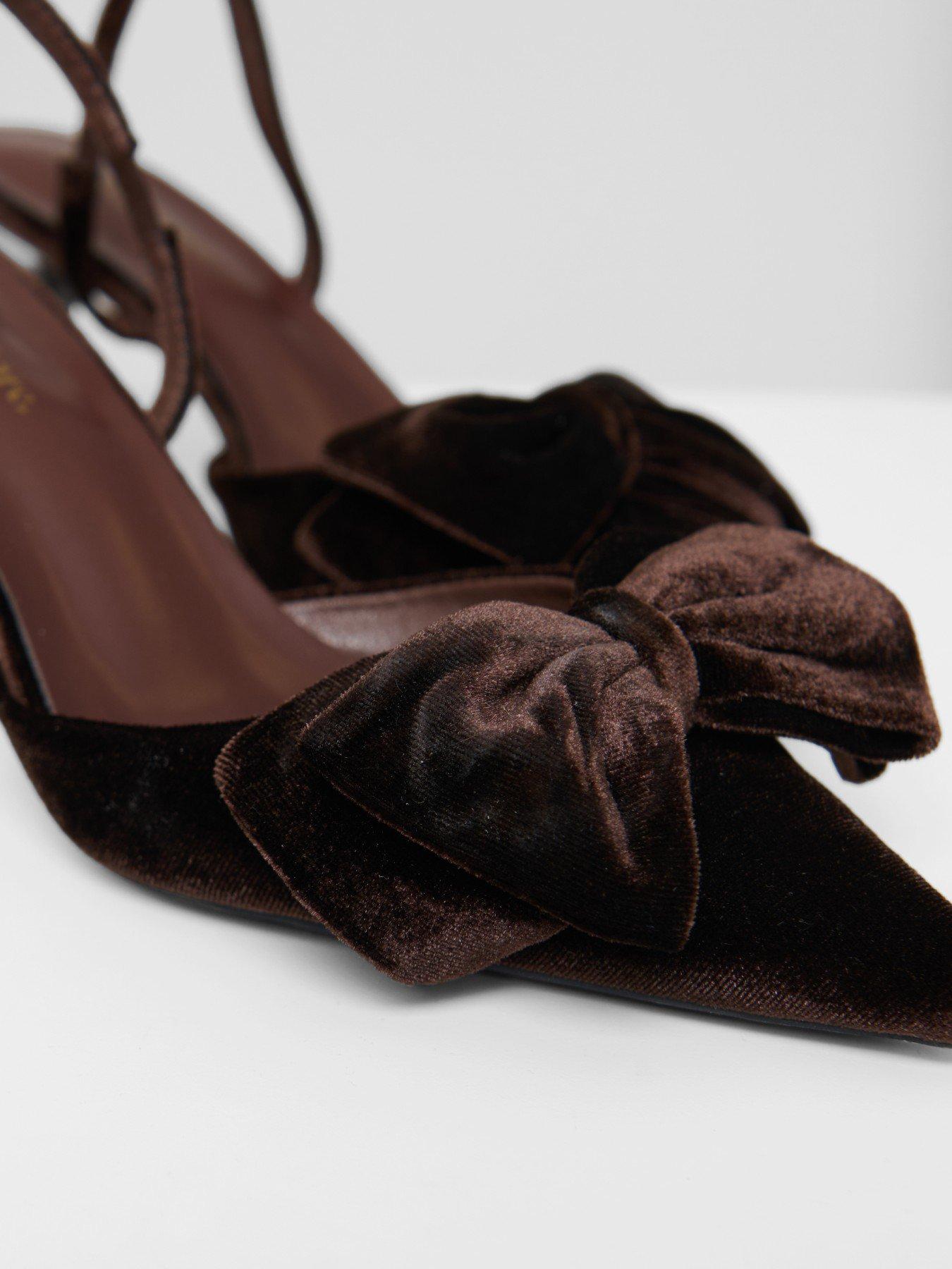 Image 6 of 6 of Threadbare Velvet Bow Kitten Heels In Chocolate Brown