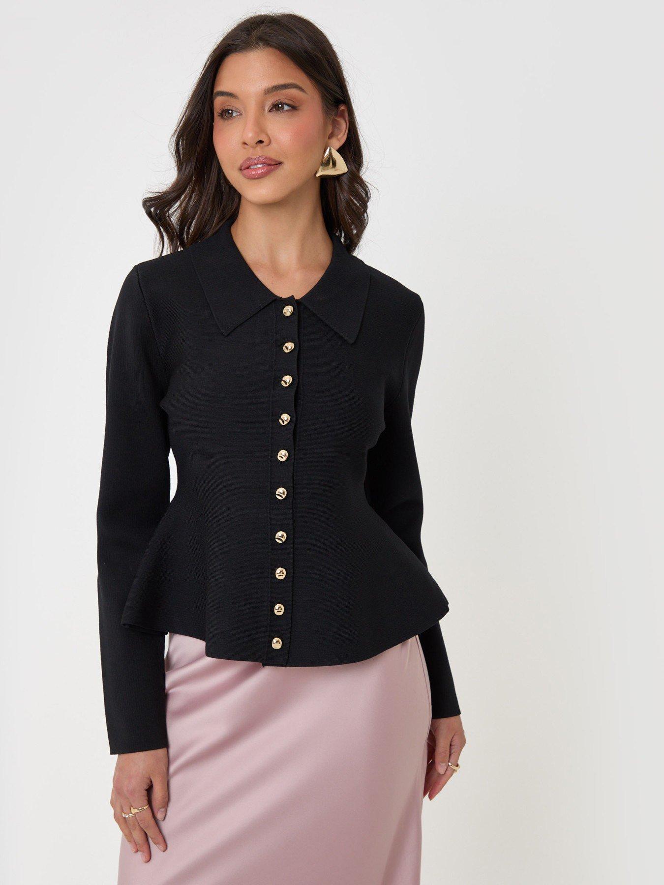 Image 1 of 4 of Threadbare Compact Knit Peplum Cardigan In Black