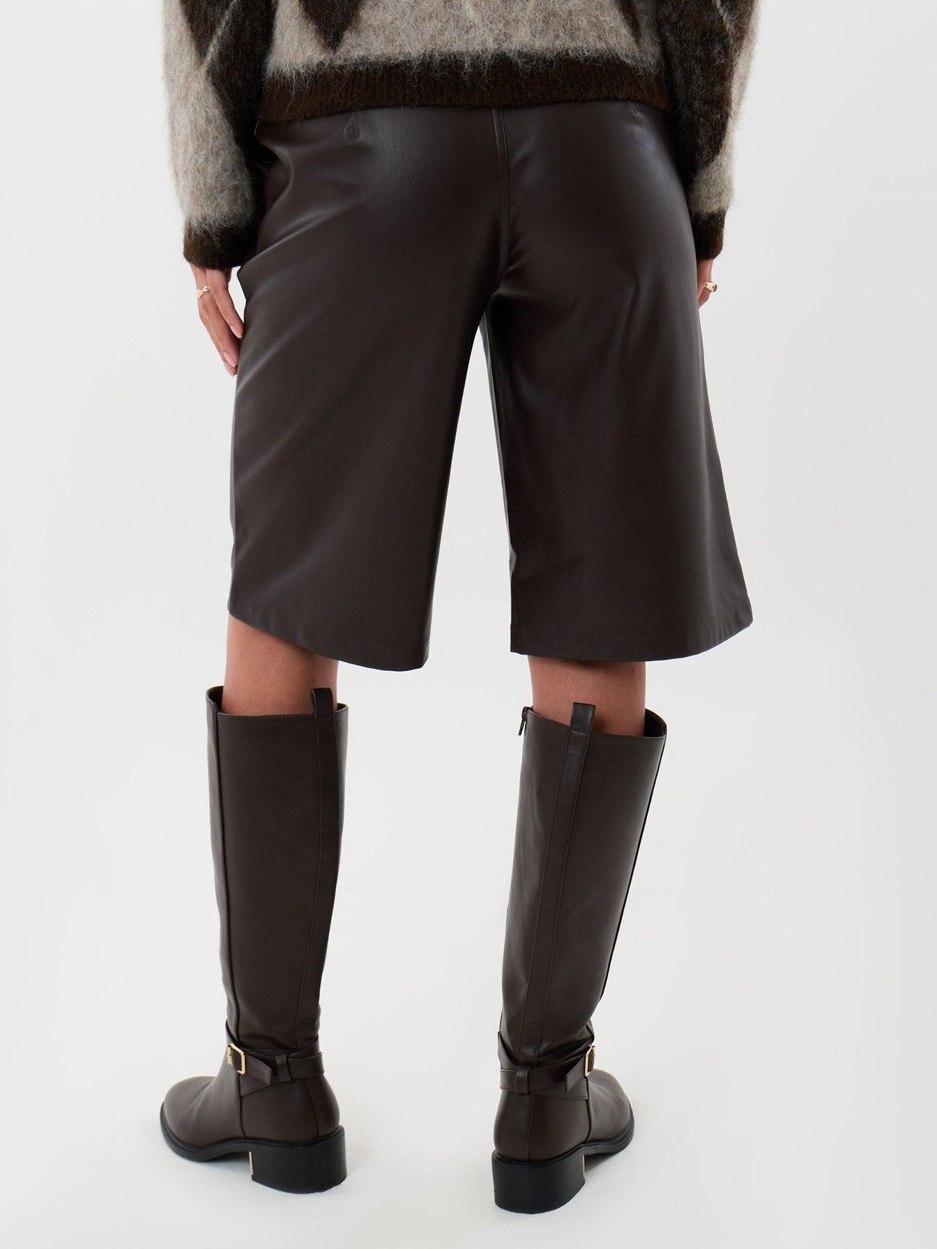 Image 2 of 4 of Threadbare Faux Leather Pleated Shorts In Chocolate Brown