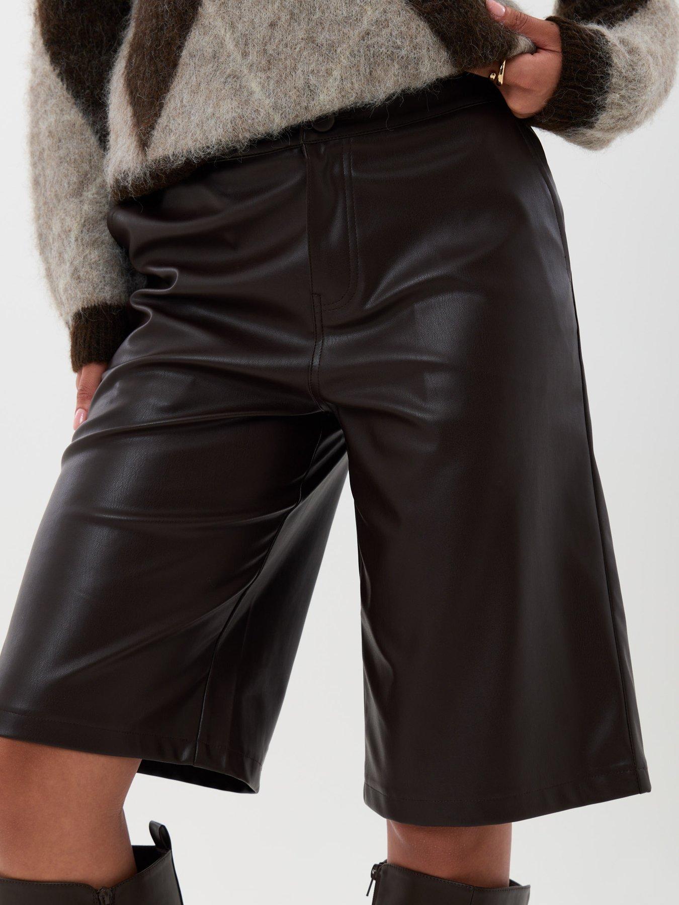 Image 4 of 4 of Threadbare Faux Leather Pleated Shorts In Chocolate Brown