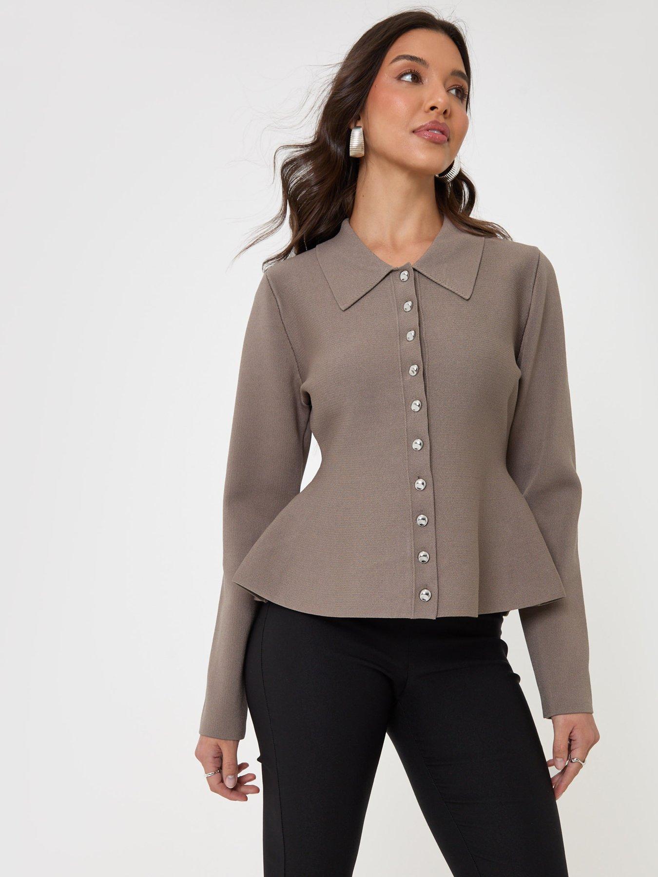 Image 1 of 4 of Threadbare Compact Knit Peplum Cardigan In Mink Brown