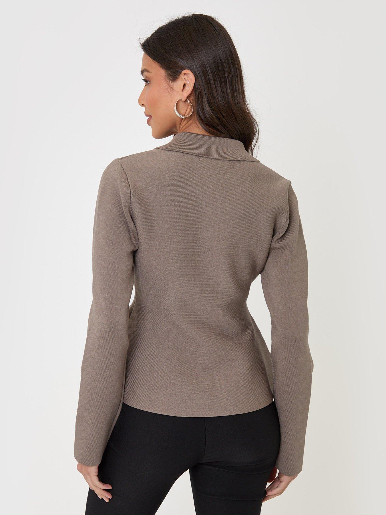 Image 2 of 4 of Threadbare Compact Knit Peplum Cardigan In Mink Brown
