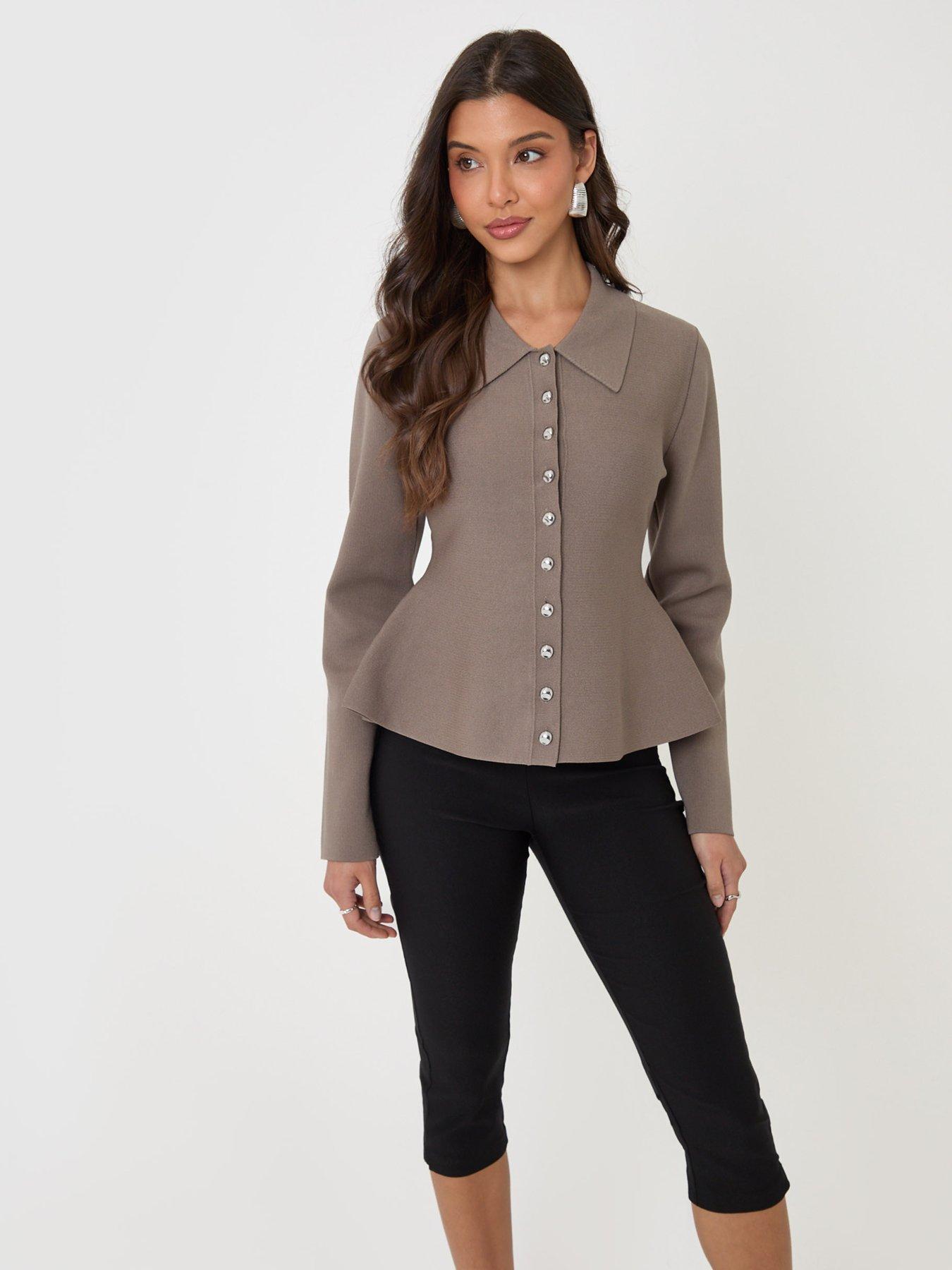 Image 3 of 4 of Threadbare Compact Knit Peplum Cardigan In Mink Brown
