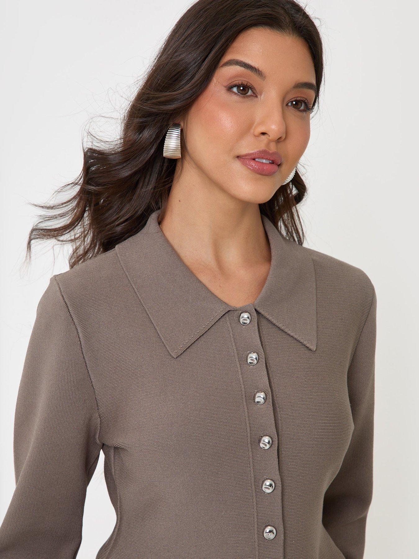 Image 4 of 4 of Threadbare Compact Knit Peplum Cardigan In Mink Brown