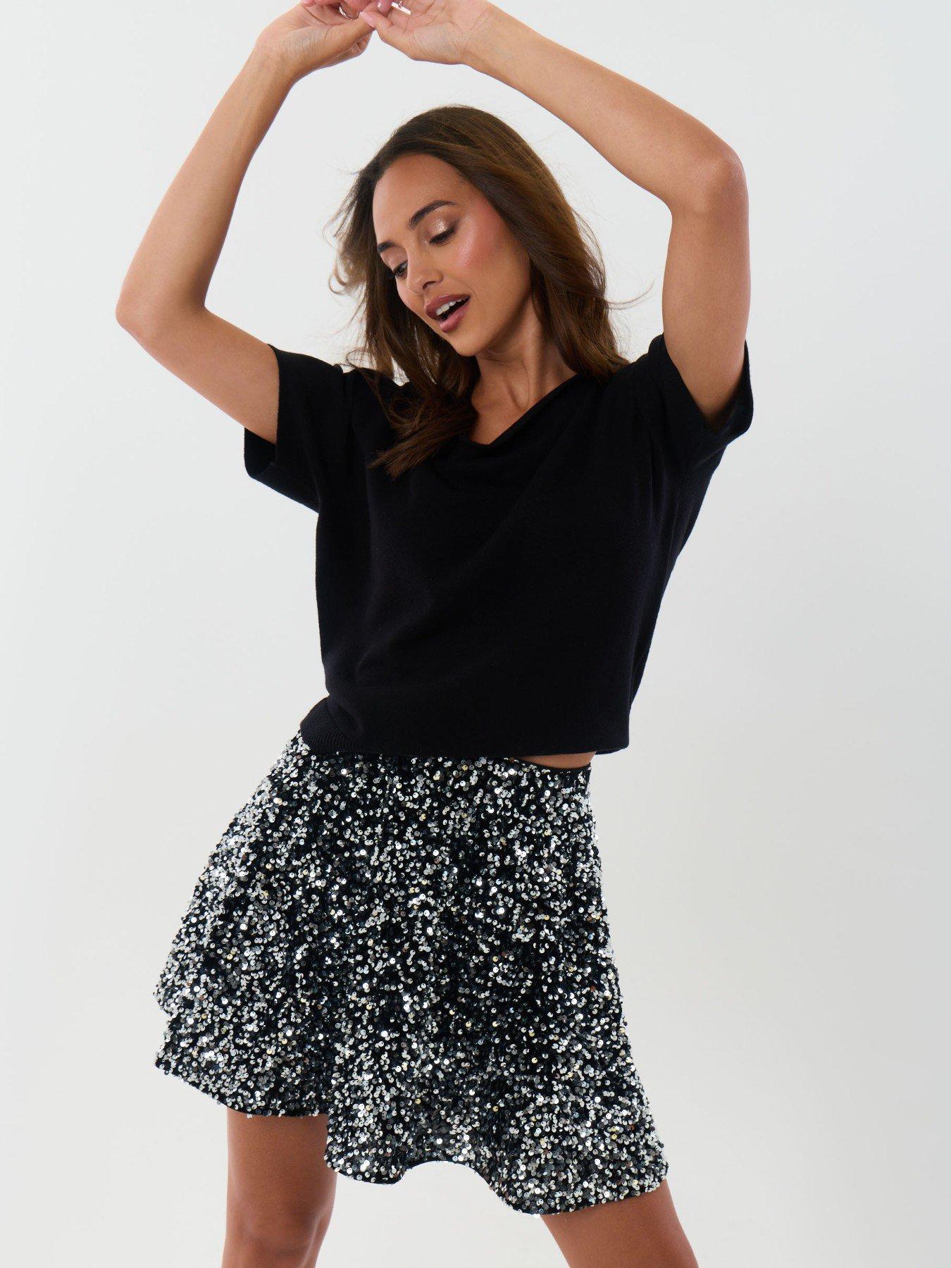 Image 4 of 5 of Threadbare Sequin Mini Swing Skirt In Charcoal Grey