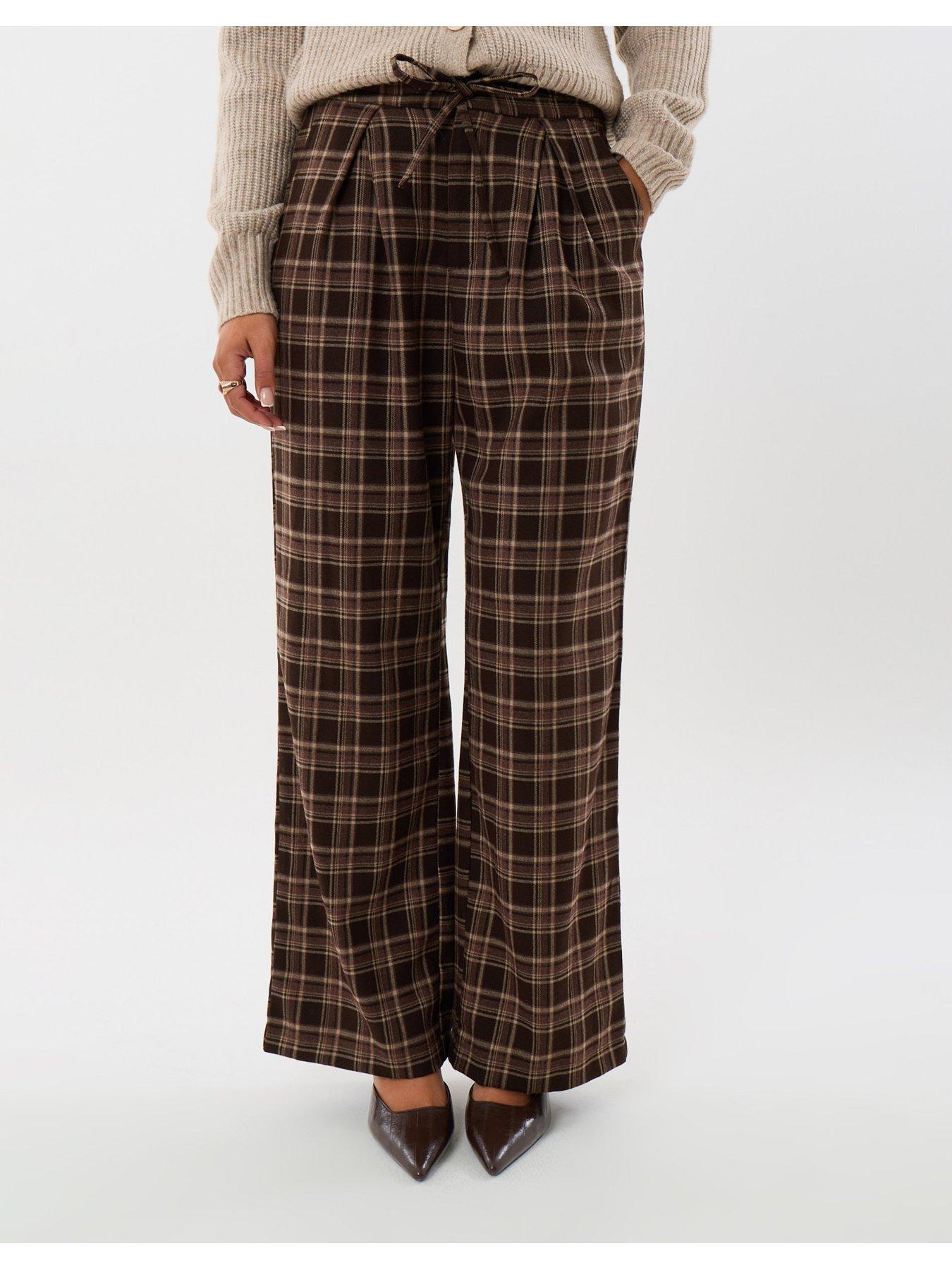 Image 1 of 4 of Threadbare Wide Leg Tie Belt Trousers In Brown Check