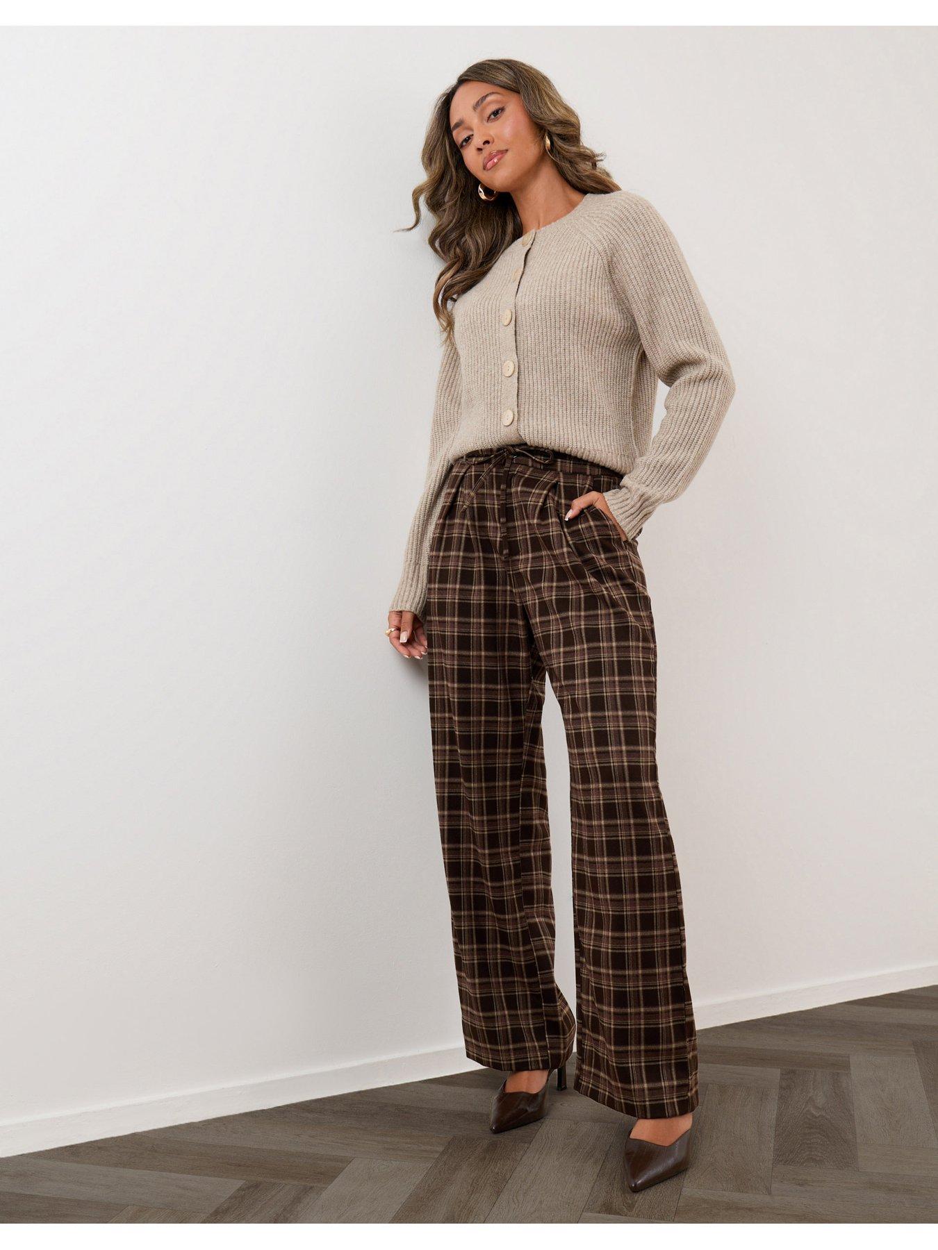 Image 3 of 4 of Threadbare Wide Leg Tie Belt Trousers In Brown Check