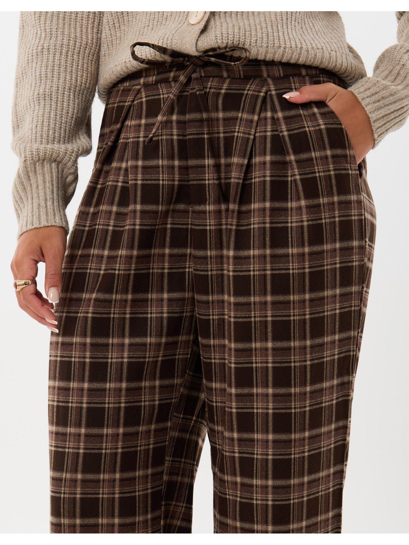 Image 4 of 4 of Threadbare Wide Leg Tie Belt Trousers In Brown Check