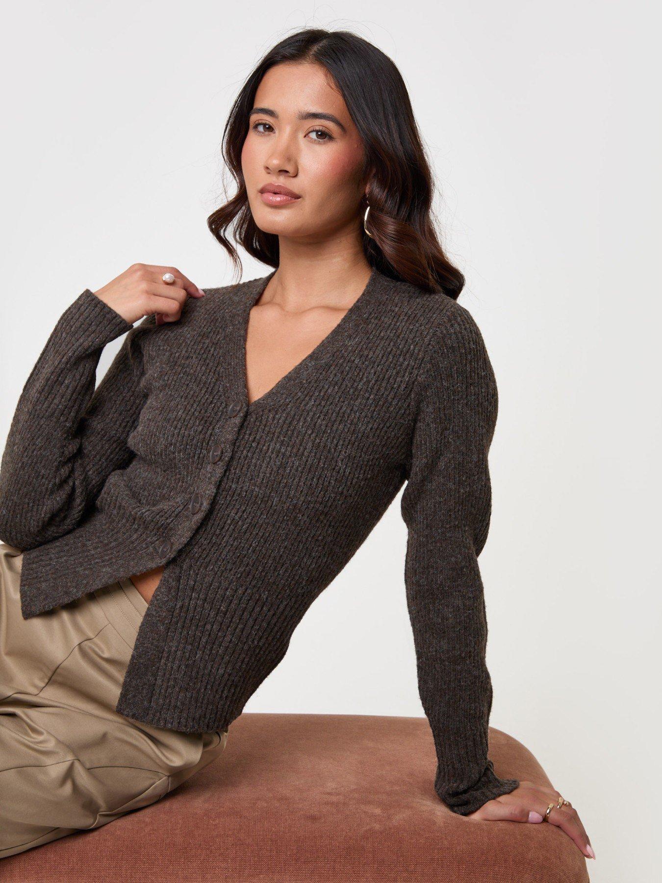 Image 1 of 4 of Threadbare Wool Blend V Neck Cardigan In Chocolate Brown